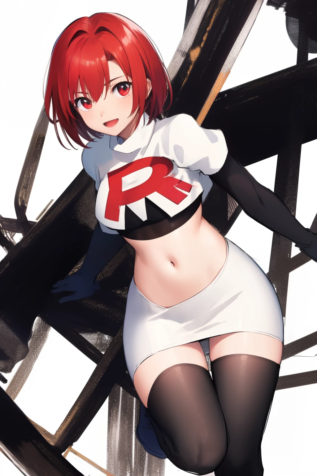 masterpiece, high-detail, sketch, reginaDC, regina, dino crisis, 1girl, female, athletic woman, young, team rocket,team rocket uniform, red letter R, white skirt,white crop top,black thigh-highs,black elbow gloves