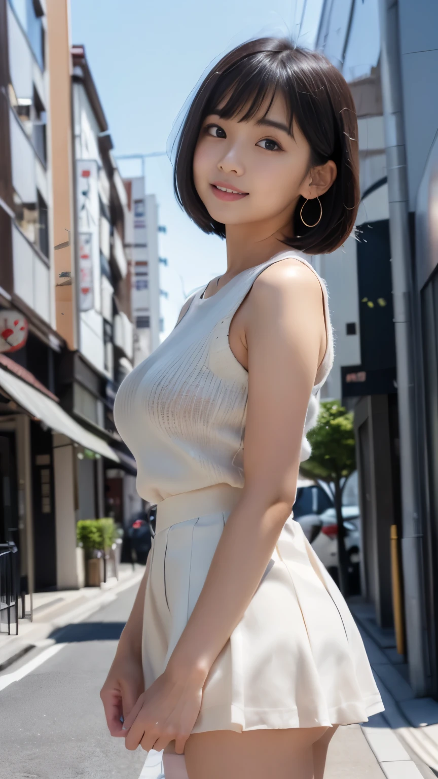 (Surrealism, RAW photo, Incredibly absurd, Nikon, 8k, super detail, masterpiece, intricate details), 
(anatomically correct, perfect human body, beautiful and cute face, silky skin), 
(16 years old, Japanese girl, idle face, Haruka Fukuhara, slim waist and busty body, Slender legs, large breast, baby face), 
((round face, black hair, short bob cut, bangs, Down-slating eyebrows, Moist eyes, Shining eyes, one little earring, light blush)), 
(show inner thighs, emphasize the legs), 
(look down at the viewer, look sown at camera, close eyes and smile), 
((white Thigh-high socks, micro mini skirt, red oversized sweater)), 
(Tokyo, Aoyama, Main street, luxury building, luxury background, very crowded road), 
Natural lighting, ((full length, whole body, angle from below:1.2))