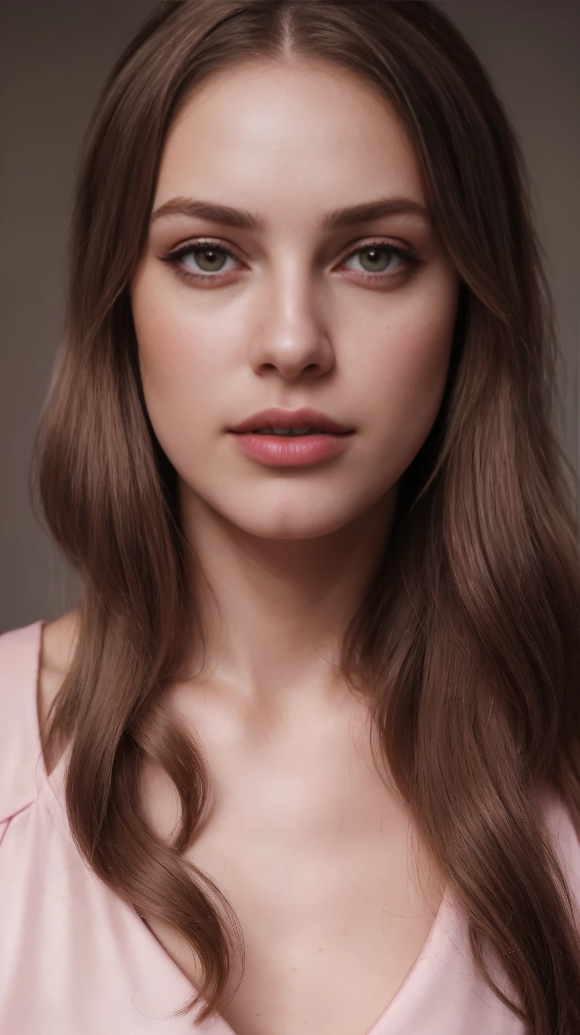 Blond brown hair, (RAW photo), (realism: 1.8), (gloss red lipstick, many eyelashes, dark eye shadow, shy, blushing, high quality, high resolution, depth of collage compound field, chromatic aberration, caustic, wide light, dark pink glossy skin, (21 year old woman), stylish girl, pink night drees, skin tight cloths, lots of exposure, posing for photo, visible 8k resolutions,