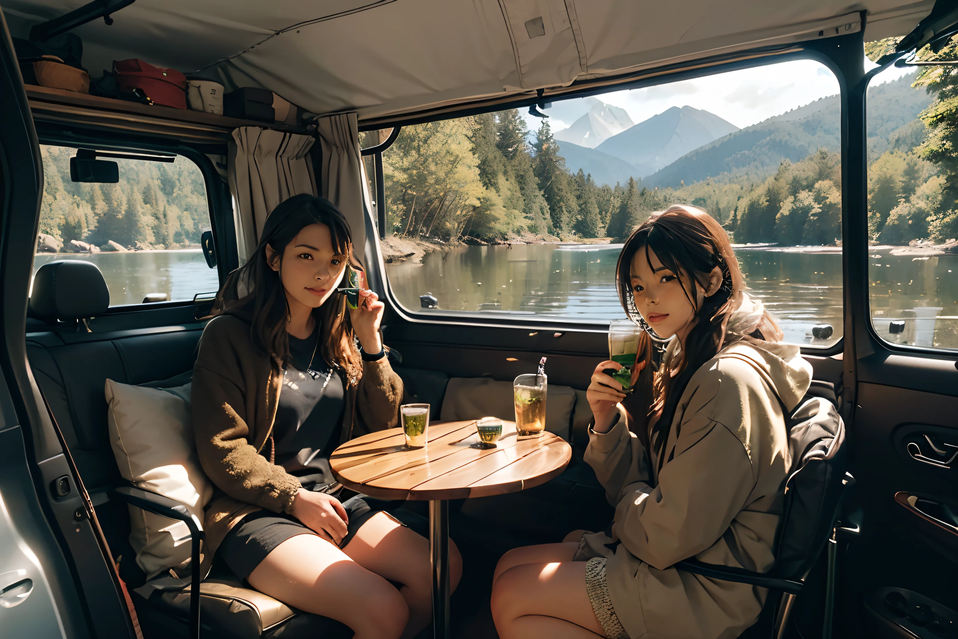 Under the tree 모터 홈, Couple drinking mate tea in mate cup, Under the tree, Next to the motorhome. Autumn Forest of Bariloche, Trees with yellow leaves, Mountains and lakes in the background . Morning sun shining. very detailed.