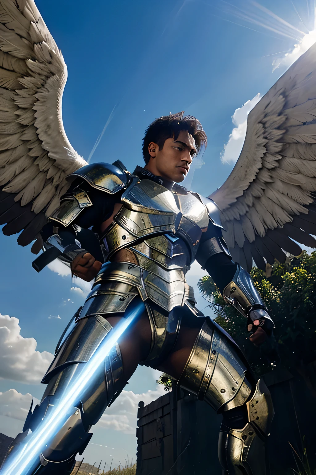 Powerful Armored male angel warrior with big wings emitting rays of light