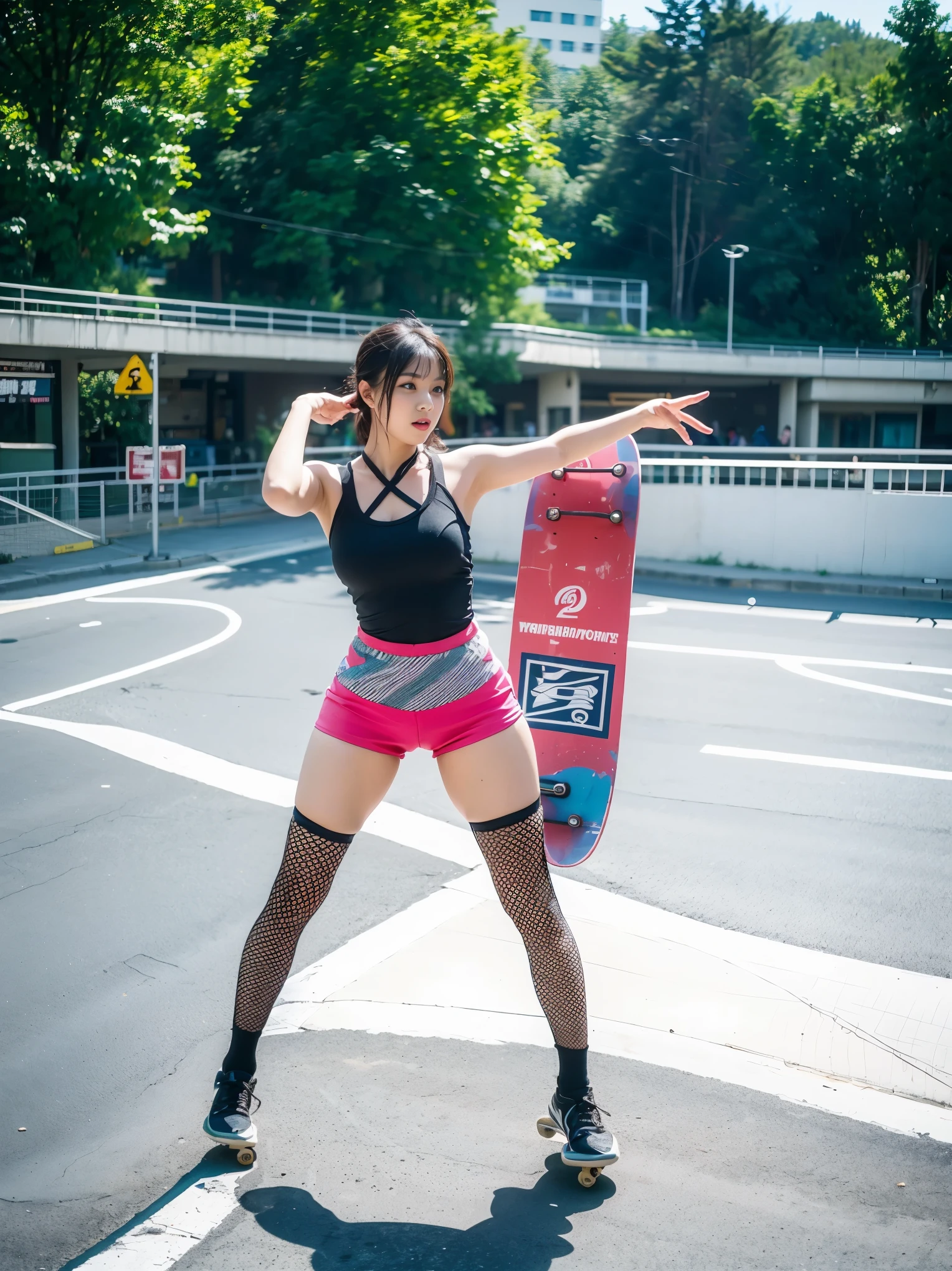 Downhill skateboarding, highway, action photoshoot, 1girl, teen, asian, (Thick body:0.5), (Sexy outfit:1.4), (hotpants:1.3) (Dynamic skateboarding pose:1.3), skateboarding on the highway, knee guard, fishnet legging, 