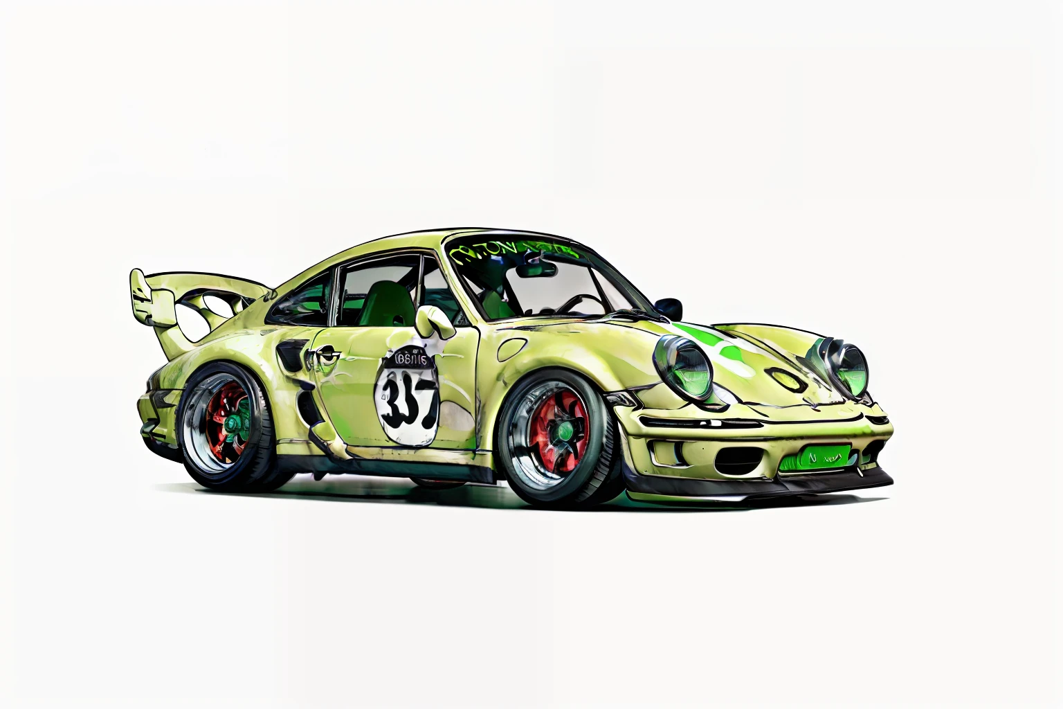 nvinkpunk, painting of a city with a greenish colored Porsche 911 rwb rotting,wide bodykit, large wheels, high quality,