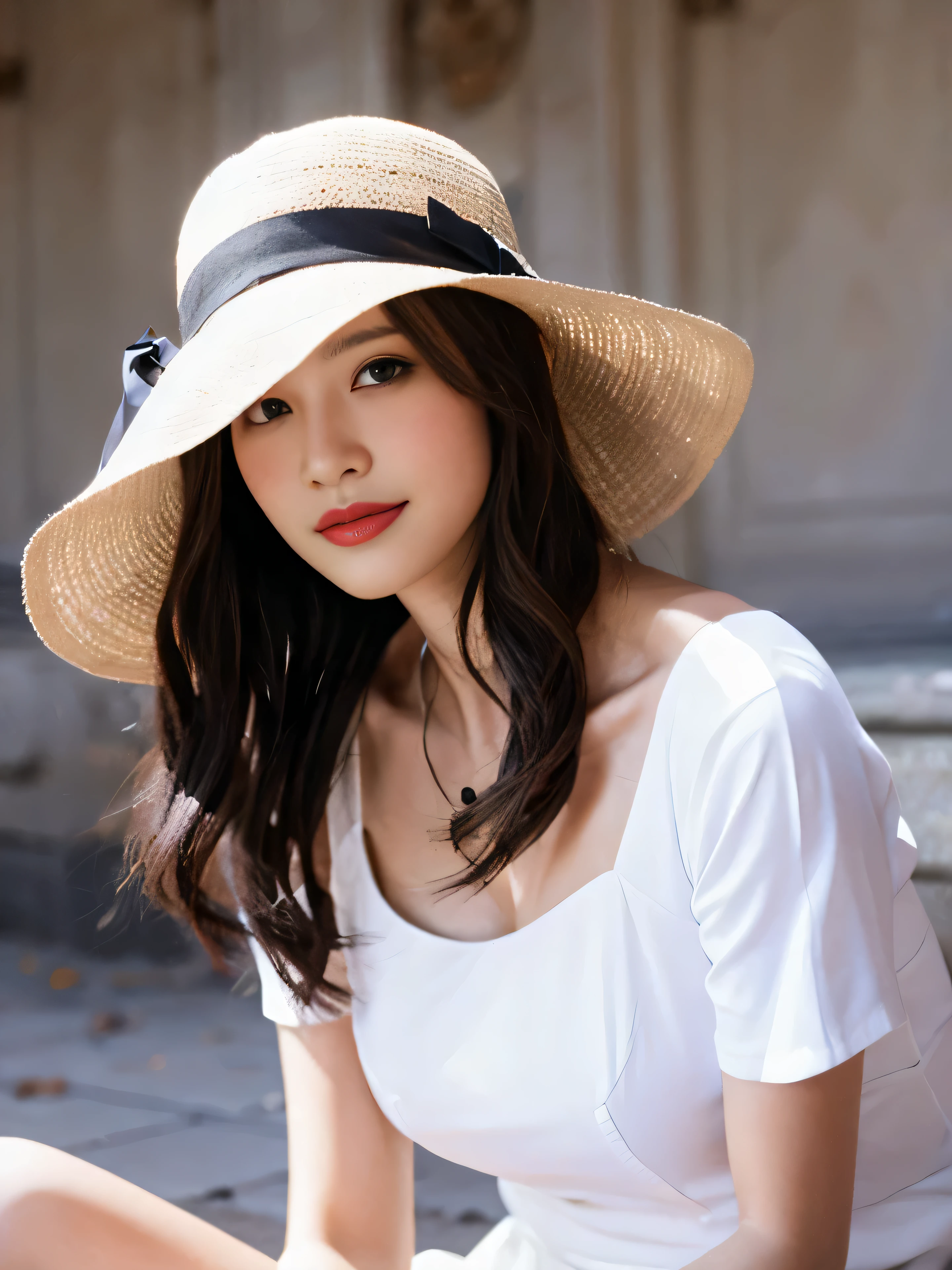 1girl, mature female, masterpiece, , goddess,white witch hat,sitting