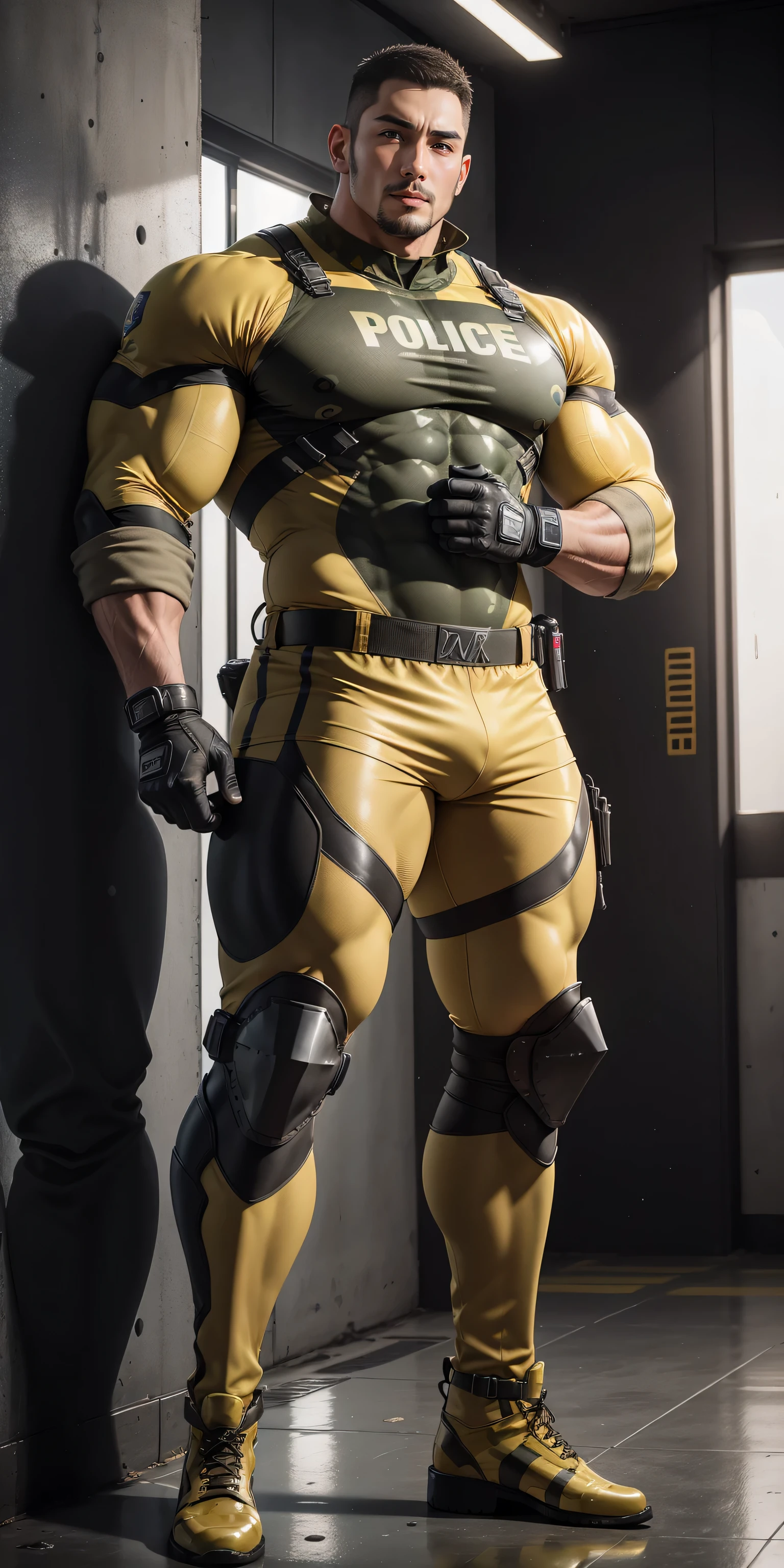 Tall giant muscular police officer，Yellow and gray khaki camouflage uniform，wall station，self fondle，character concept（Resident Evil - chris redfield，chris redfield）senior police officer，身穿Yellow and gray khaki camouflage uniform，matte texture，regular symmetrical texture pattern，sad expression，Deep and charming eyes，Emerald Eyes Hero，heroic male pose，高大burly，muscular！Charming leg muscles，High, burly, Heqiang， 身穿Yellow and gray khaki camouflage uniform， Super gain and cool， high resolution committee， Big feet in black boots，Charming strong man，The bright sunshine is shining on you，matte particles，shiny texture