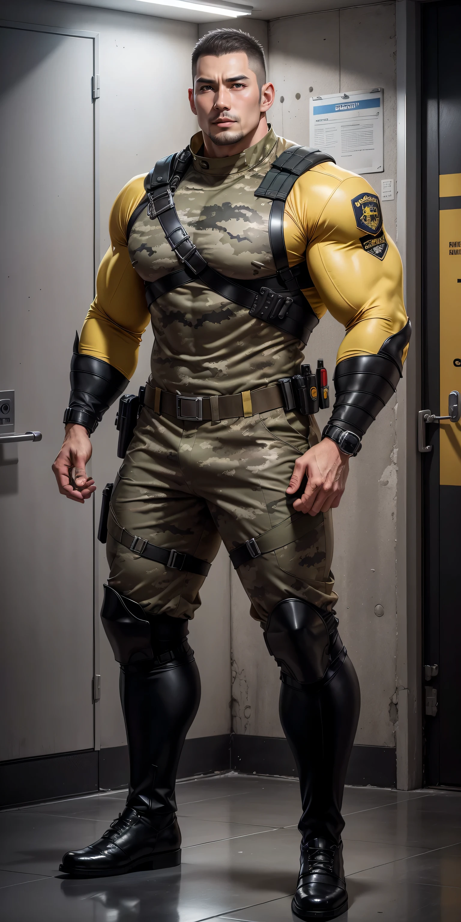 Tall giant muscular police officer,Yellow and gray khaki camouflage uniform,wall station,self fondle,character concept(Resident Evil - chris redfield,chris redfield)senior police officer,身穿Yellow and gray khaki camouflage uniform,matte texture,regular symmetrical texture pattern,sad expression,Deep and charming eyes,Emerald Eyes Hero,heroic male pose,高大burly,muscular!Charming leg muscles,High, burly, Heqiang, 身穿Yellow and gray khaki camouflage uniform, Super gain and cool, high resolution committee, Big feet in black boots,Charming strong man,The bright sunshine is shining on you,matte particles,shiny texture