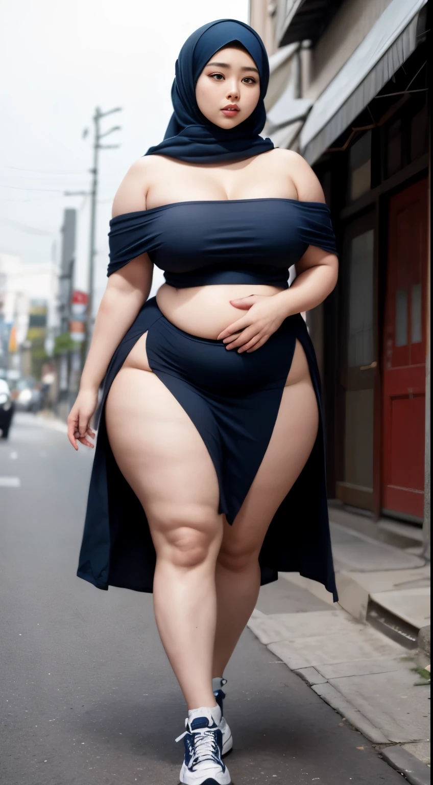 ((best quality)), ((masterpiece)), (detailed), perfect face, araffe woman in a dark-blue dress walking down a street, thicc, she has a jiggly fat round belly, bbwchan, wearing dress, skinny waist and thick hips, widest hips, her belly is fat and round, soft curvy shape, hyperrealistic full figure, wearing a cute dress , wide hips, cropped shoulders，Bare belly,(big assa:0.7),show legs,, thicc, beautiful thick female, beautiful curvy female,, Tall and tall，clear curvy details, curvy hourglass figure, alluring plus sized model, bbwchan, Voluptious body, Curvy model, Curvy body, Be red in the face, 1girll, a matural female, A MILF, the golden ratio,(Kpop idol),(Oil skin:0.72),(Oil skin:1.1), iremuzi tattoos on thighs, big tattoo on thighs, japanese goddess , korean Goddess , milky white skin, wearing hijab clothes, wearing sneakers 