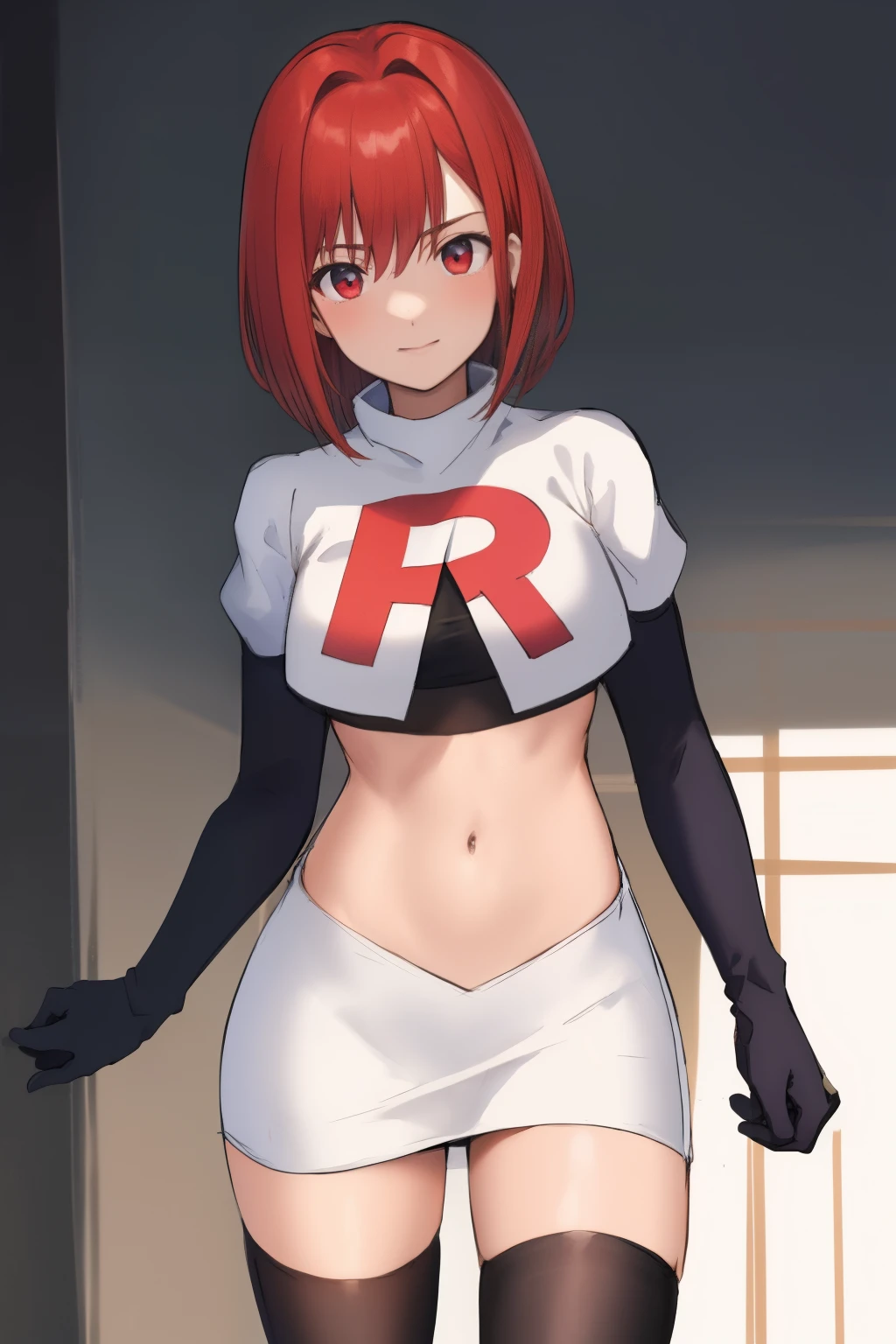 masterpiece, high-detail, sketch, reginaDC, regina, dino crisis, 1girl, female, athletic woman, young, team rocket,team rocket uniform, red letter R, white skirt,white crop top,black thigh-highs,black elbow gloves