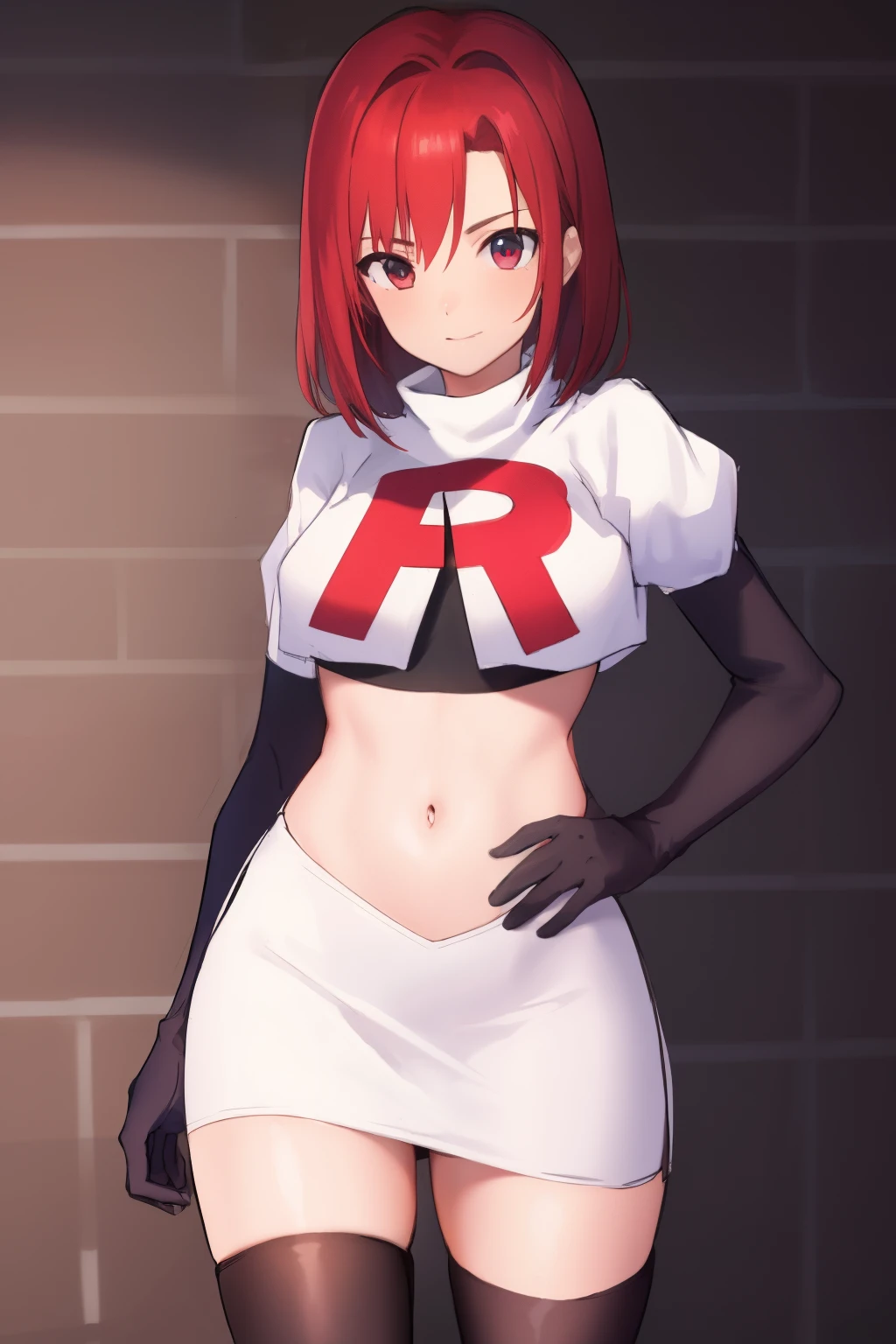 masterpiece, high-detail, sketch, reginaDC, regina, dino crisis, 1girl, female, athletic woman, young, team rocket,team rocket uniform, red letter R, white skirt,white crop top,black thigh-highs,black elbow gloves