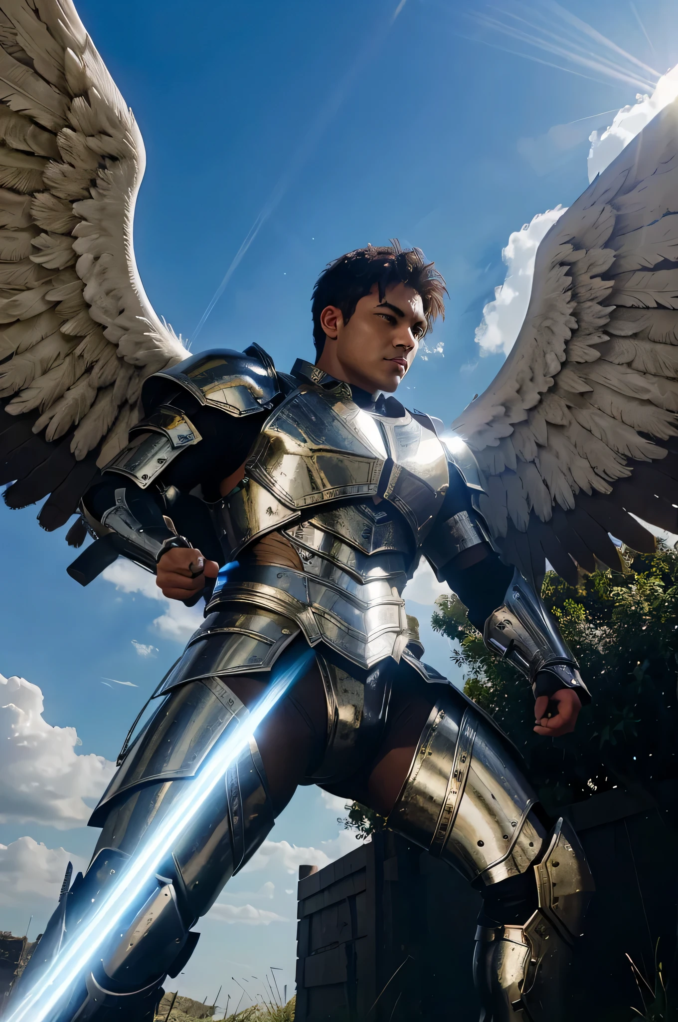 Powerful Armored male angel warrior with big wings emitting rays of light