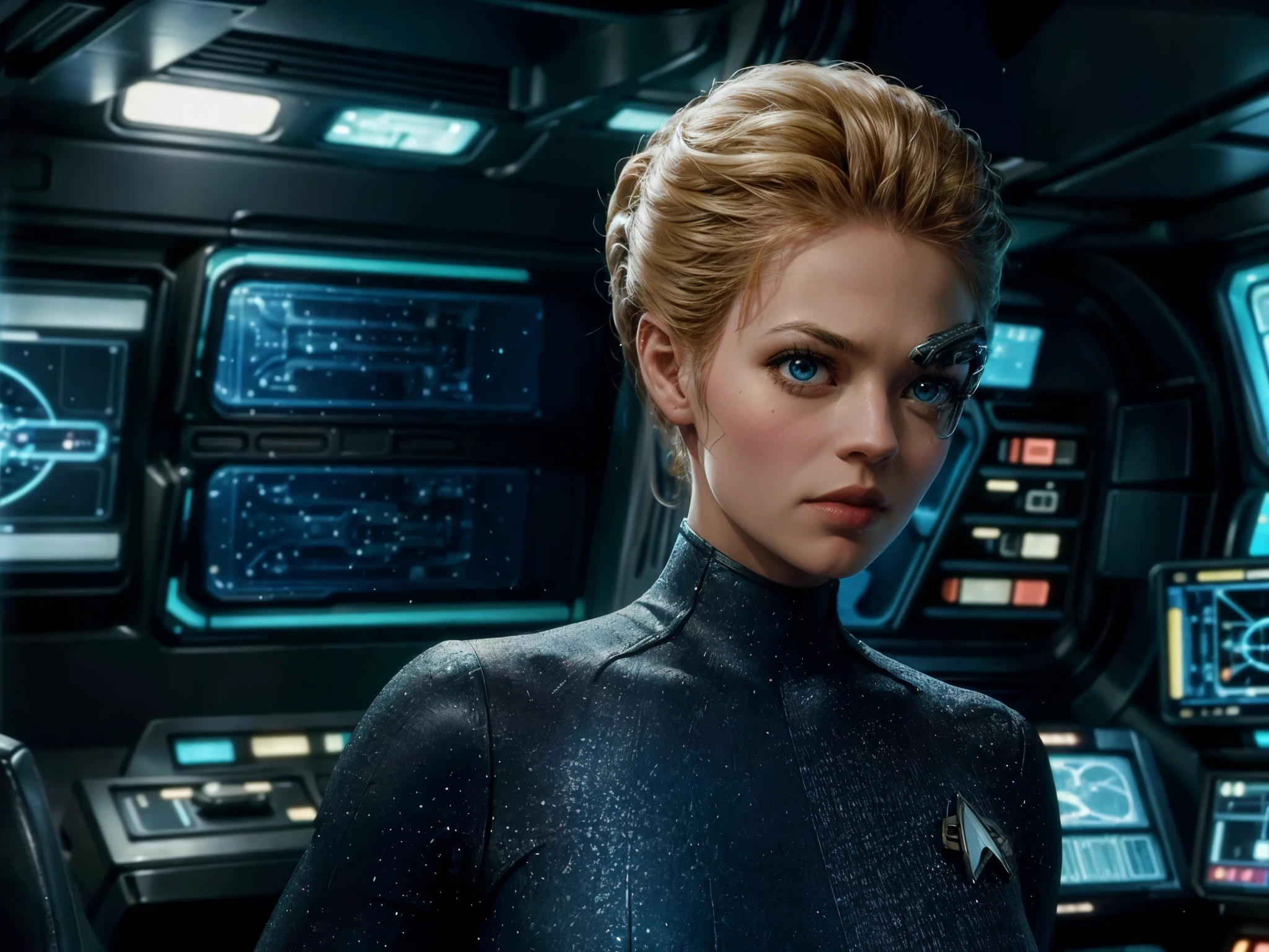 A girl piloting USS Enterprise in the Star Trek universe, with Seven of Nine, and a view of a Borg ship outside the window. The girl has beautiful detailed eyes, beautiful detailed lips, and an extremely detailed face. She has long eyelashes and is wearing a Starfleet uniform. The scene is set in the control room of the USS Enterprise, with various control panels and flashing lights. The atmosphere is futuristic and high-tech. The colors are vibrant and vivid, with a slight blue tint. The lighting is studio-like, with a soft, even brightness illuminating the girl's face. The image should be of the best quality, with ultra-detailed elements. The style should be a combination of science fiction and concept art, with a realistic and photorealistic approach.