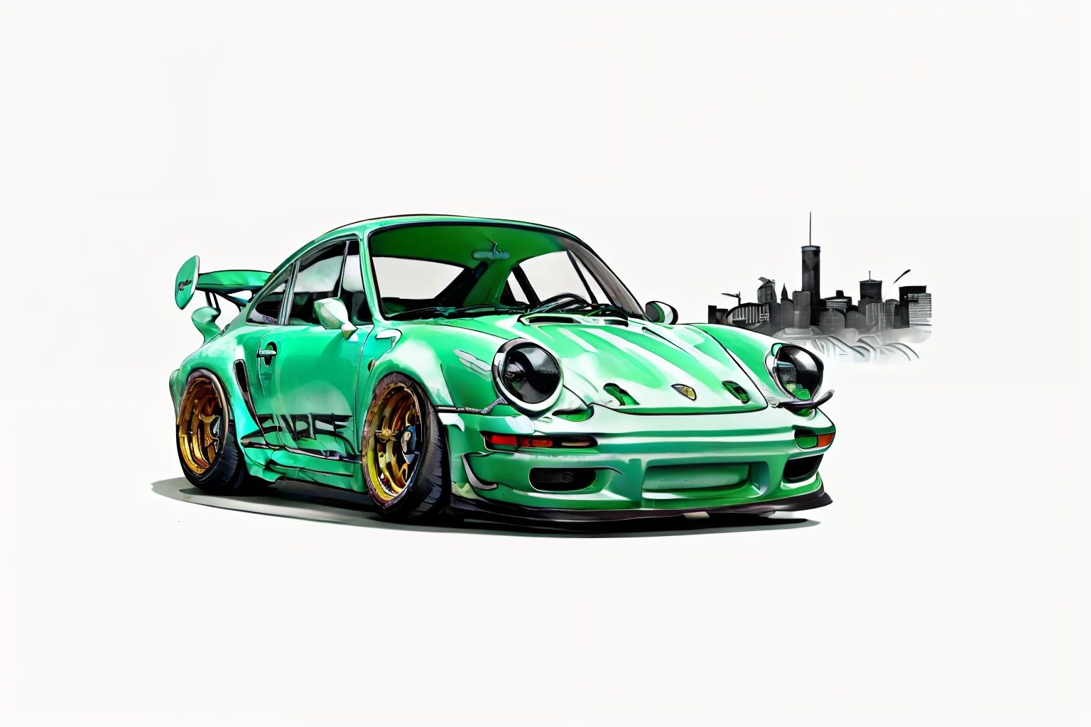nvinkpunk, painting of a city with a  greenish colored Porsche 911 rwb rotting,wide bodykit, large wheels, high quality,