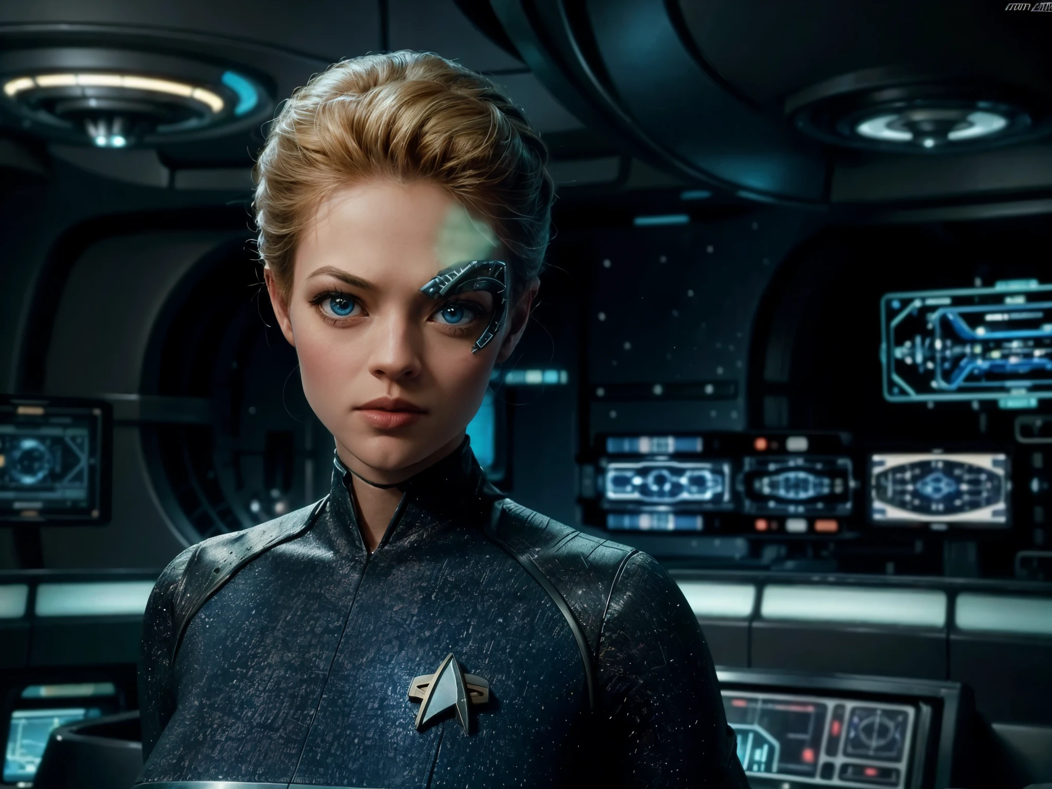 A girl piloting USS Enterprise in the Star Trek universe, with Seven of Nine, and a view of a Borg ship outside the window. The girl has beautiful detailed eyes, beautiful detailed lips, and an extremely detailed face. She has long eyelashes and is wearing a Starfleet uniform. The scene is set in the control room of the USS Enterprise, with various control panels and flashing lights. The atmosphere is futuristic and high-tech. The colors are vibrant and vivid, with a slight blue tint. The lighting is studio-like, with a soft, even brightness illuminating the girl's face. The image should be of the best quality, with ultra-detailed elements. The style should be a combination of science fiction and concept art, with a realistic and photorealistic approach.