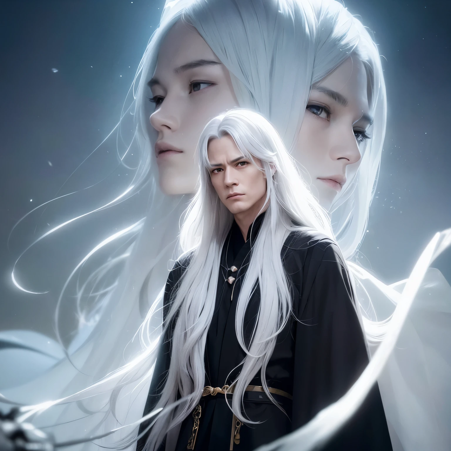 A man with white hair and a black robe, Kenji Tan, with long white hair, long white hair, still from live action movie, Inspired by Matt Smith in house of the dragons, fantasy movie still, live-action movie scenes, cloud-like white hair, The exquisite prince, Inspired by Seki Dosheng, screenshots from movies
