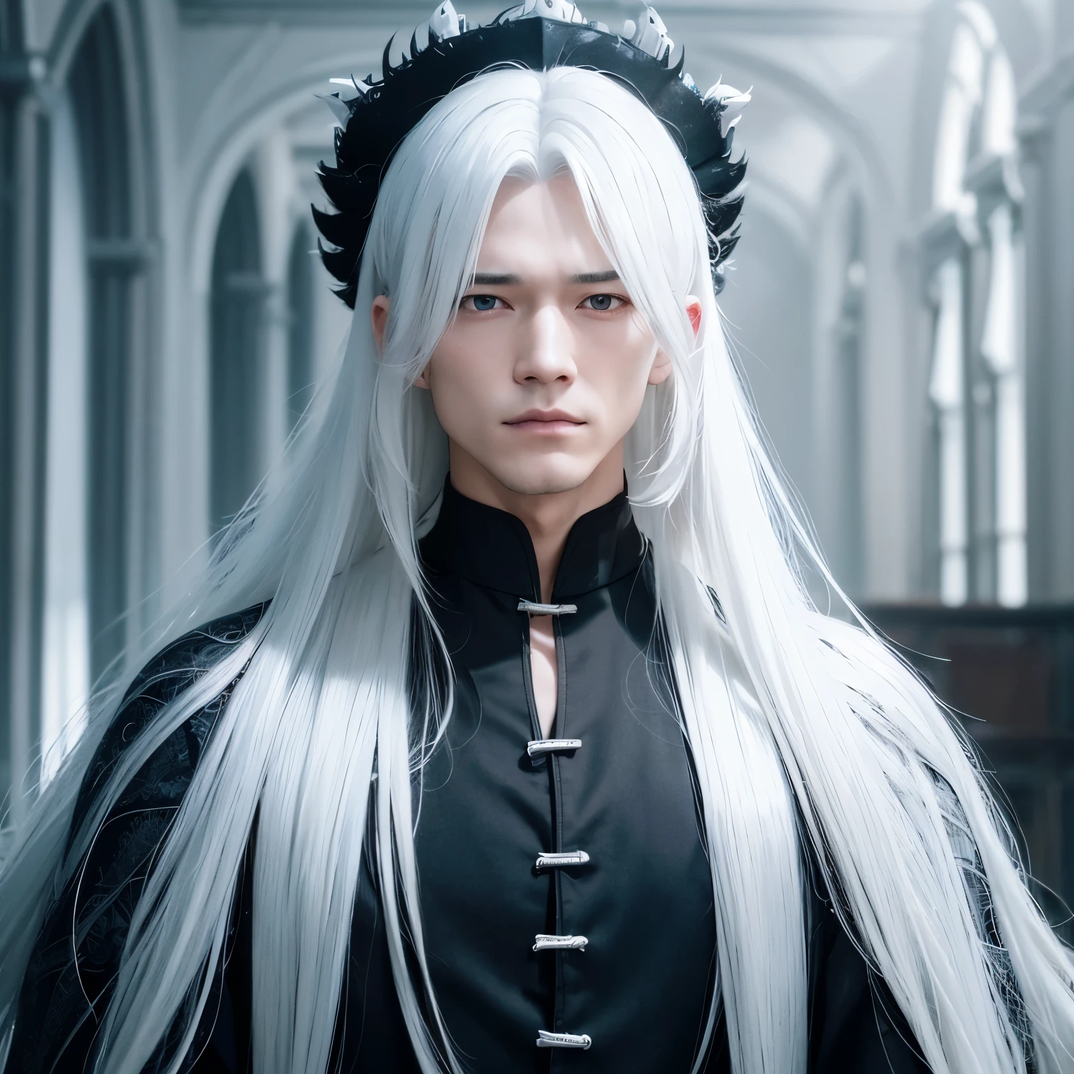 A man with white hair and a black robe, Kenji Tan, with long white hair, long white hair, still from live action movie, Inspired by Matt Smith in house of the dragons, fantasy movie still, live-action movie scenes, cloud-like white hair, The exquisite prince, Inspired by Seki Dosheng, screenshots from movies