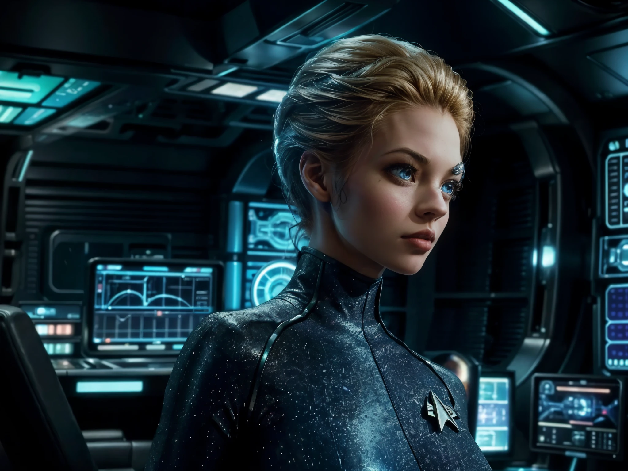 A girl piloting USS Enterprise in the Star Trek universe, with Seven of Nine, and a view of a Borg ship outside the window. The girl has beautiful detailed eyes, beautiful detailed lips, and an extremely detailed face. She has long eyelashes and is wearing a Starfleet uniform. The scene is set in the control room of the USS Enterprise, with various control panels and flashing lights. The atmosphere is futuristic and high-tech. The colors are vibrant and vivid, with a slight blue tint. The lighting is studio-like, with a soft, even brightness illuminating the girl's face. The image should be of the best quality, with ultra-detailed elements. The style should be a combination of science fiction and concept art, with a realistic and photorealistic approach.