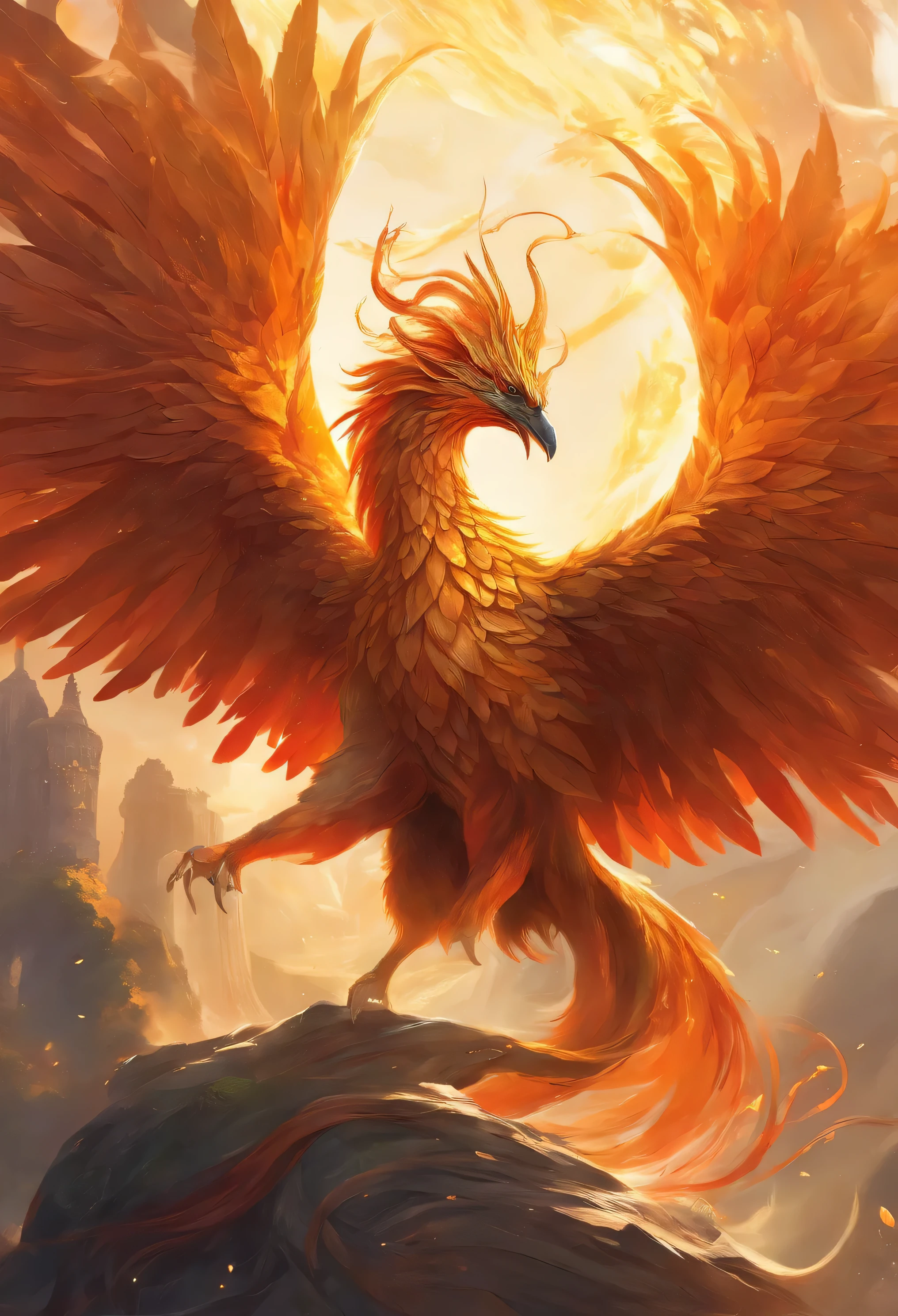 mythical creatures，（（Fiery phoenix in Chinese mythology）），traditional chinese elements，Ancient murals，Mythological explanation，Legend of Fuyo，speckled lights，hazy haze，mysterious aura，masterpiece，khd，Rich in color，Detailed details，Money, 