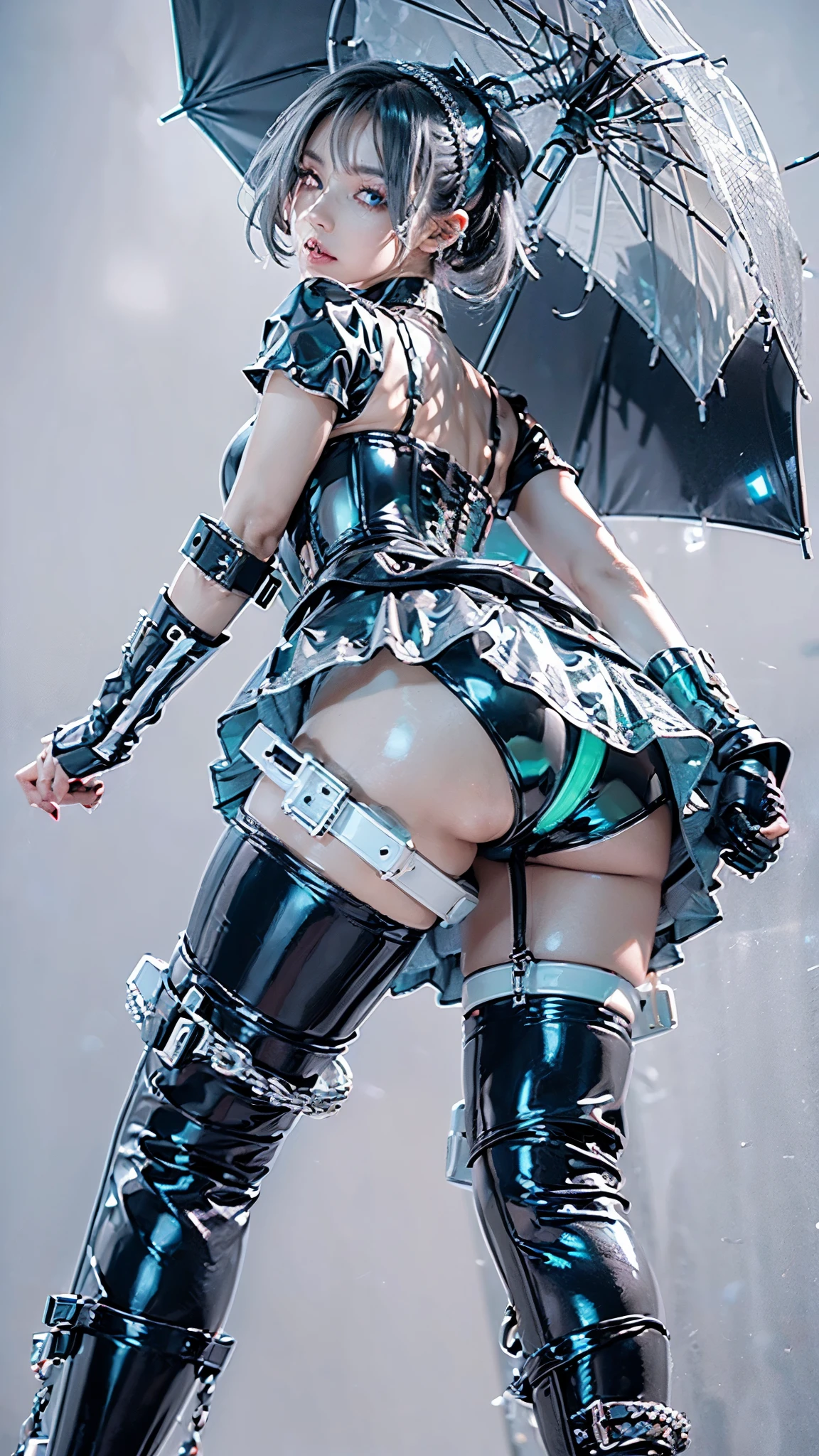(anime:1.3), (all body shot, fashion portrait:1.6), ultra detailed, beautiful, masterpiece, best quality, _ BREAK (1girl:1.2), 22 years old, 160 cm, Japanese cute model, (Tightened all body, medium Breasts:1.4), small head, small face, diamond Face, small nose, Sharp Faceline, young hands and fingers, beautiful hands and fingers, five fingers, _ BREAK (Glossy Lips:1.3), (Light color lips, Half open mouth, beautiful Teeth:1.2), (dropy eyes, Double eyelid, light color eyes:1.4), _ BREAK (arranged hairstyle:1.3), (gray hair:1.3), _ BREAK (gray background:1.4), Fog, mist, _ BREAK (wide angle, all body shot:1.6), (standing:1.5), (cool model posing:1.4), (from front white lightning), BREAK (BLACK AND WHITE theme:1.3), (Cyberpunk-Gothic fusion:1.4), ((black) crop top with exposed midriff:1.2), (white latex frilly skirt with circuit board pattern:1.4), (black latex corset with silver buckles:1.3), (fusion of high-tech cybernetic accessories and Victorian style:1.3), (black platform boots with LED lights:1.2), (black fingerless gloves:1.2), BREAK (black choker with silver chains:1.2), (white latex stockings with black lace trim:1.3), (black parasol with LED lights:1.2)