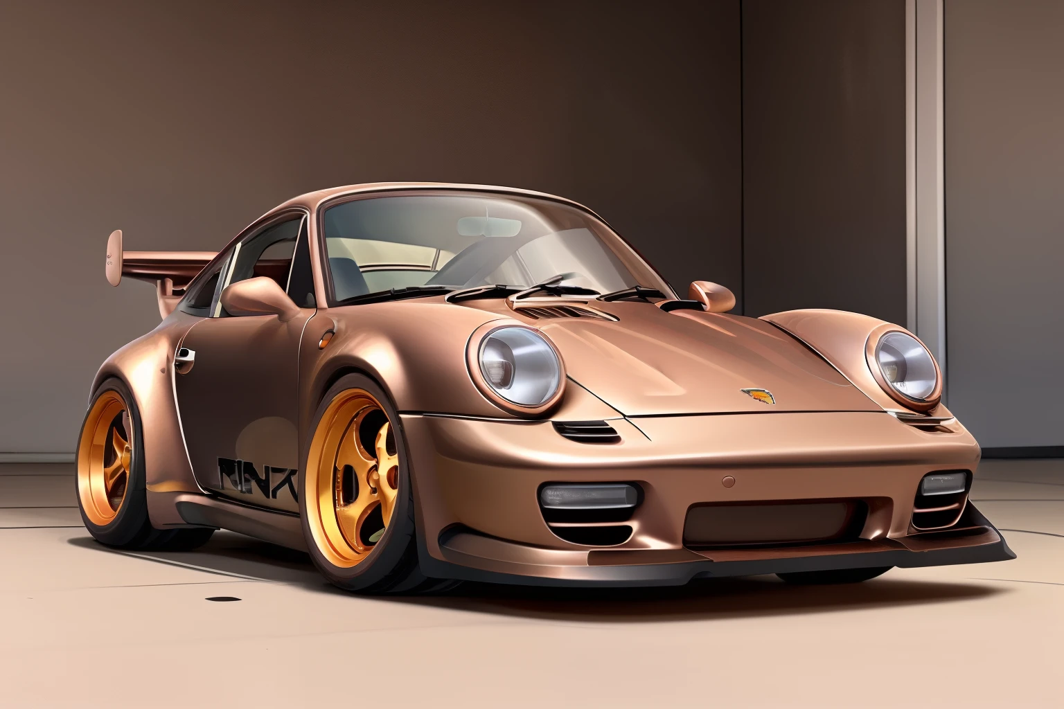 nvinkpunk, painting of a city with a  metallic brown colored Porsche 911 rwb rotting,wide bodykit, large wheels, high quality