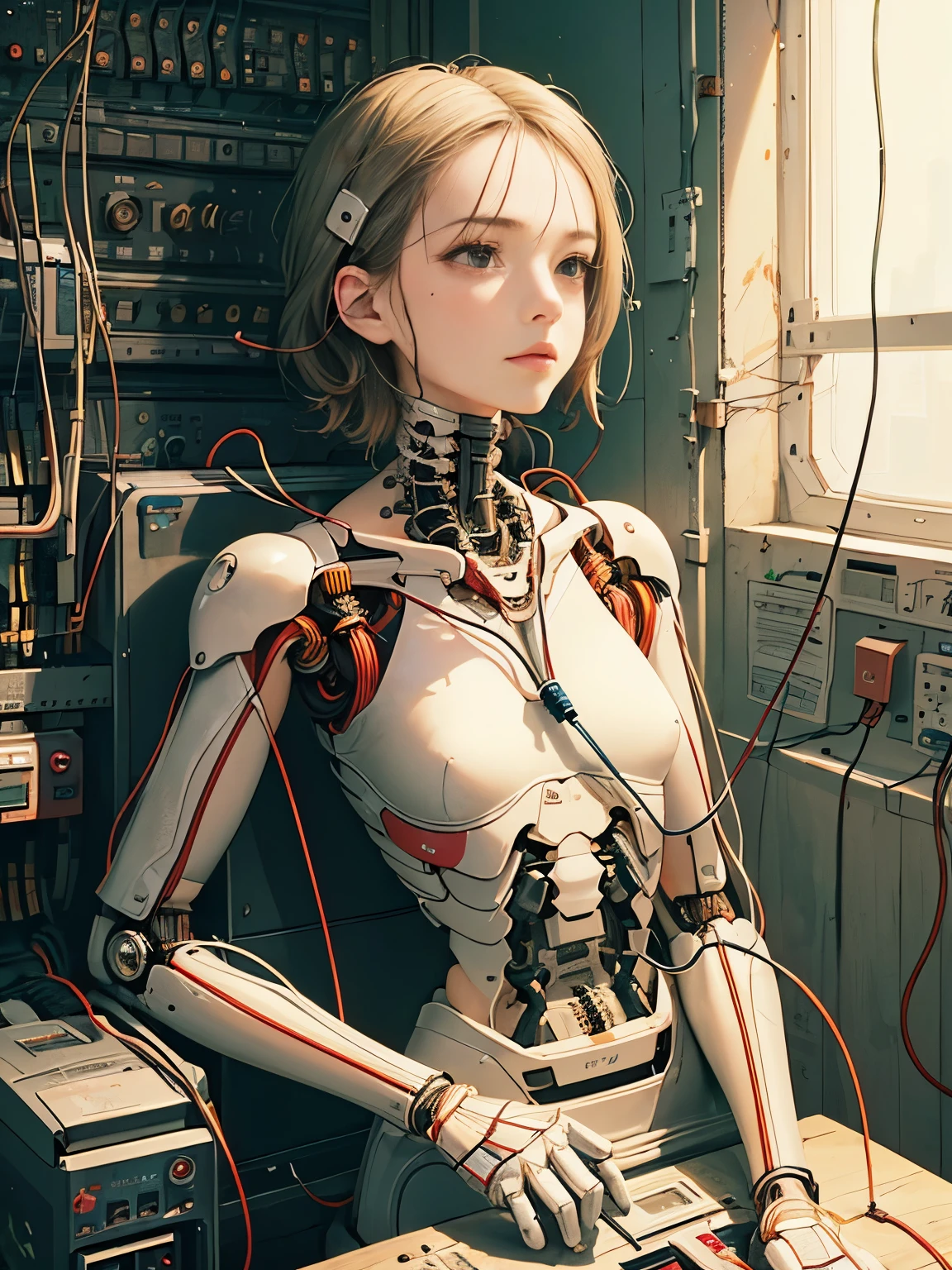 (((masterpiece))), (((highest quality))), ((super detailed)), (Highly detailed CG illustration), ((very delicate and beautiful)),(cute delicate face),cinematic light,((1 mechanical girl)),alone,whole body,(machine made joint:1.4),((mechanical limbs)),(exposed muscles),(blood vessels connected to tubes),(brain in a container:1.3),((mechanical vertebrae attached to the back)),((Mechanical cervical vertebrae attached to the neck)),((sitting)),No expression,(Wires and cables attached to the head and body:1.5),small breasts,short hair,(character focus),SF