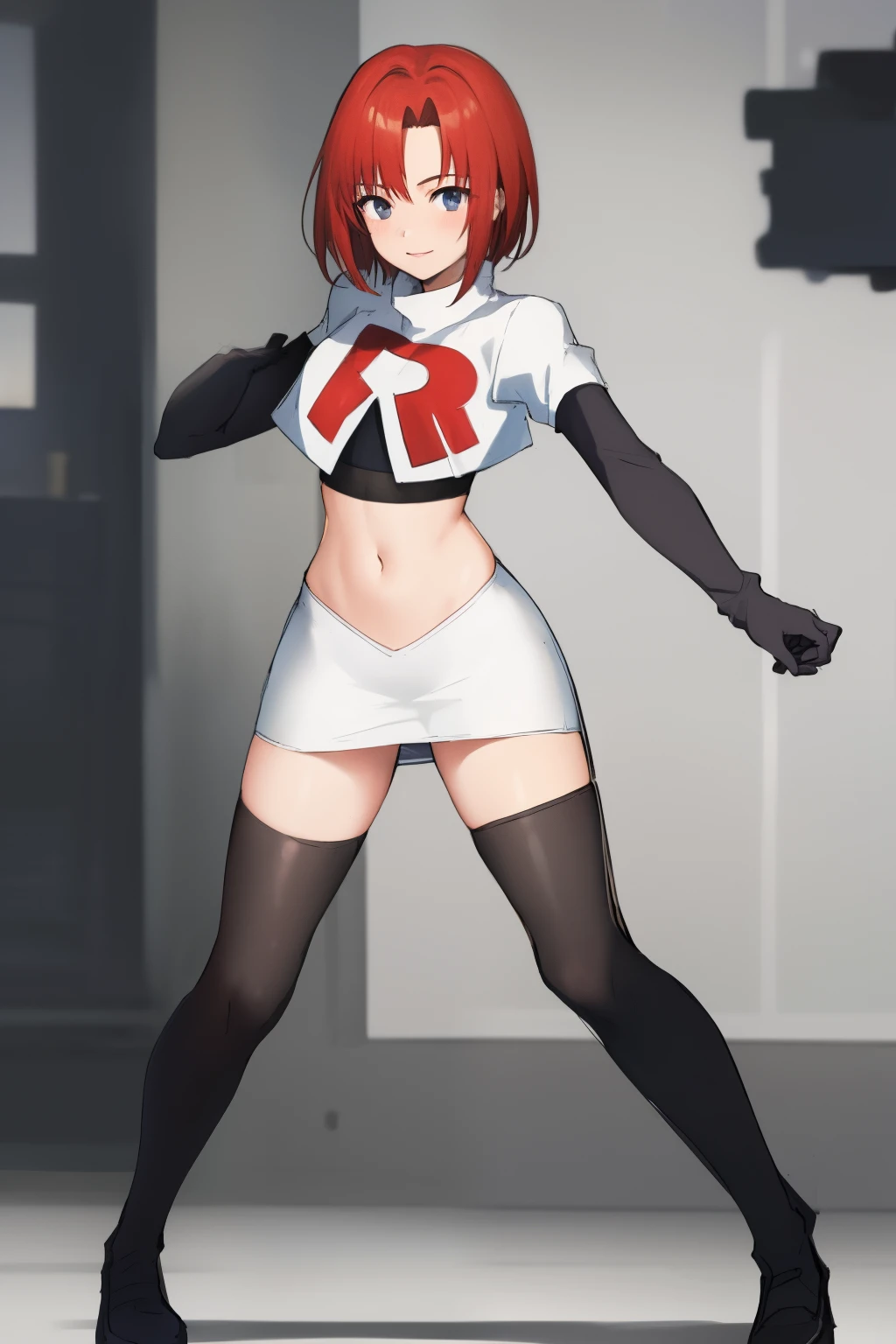 masterpiece, high-detail, sketch, reginaDC, regina, dino crisis, 1girl, female, athletic woman, young, team rocket,team rocket uniform, red letter R, white skirt,white crop top,black thigh-highs,black elbow gloves