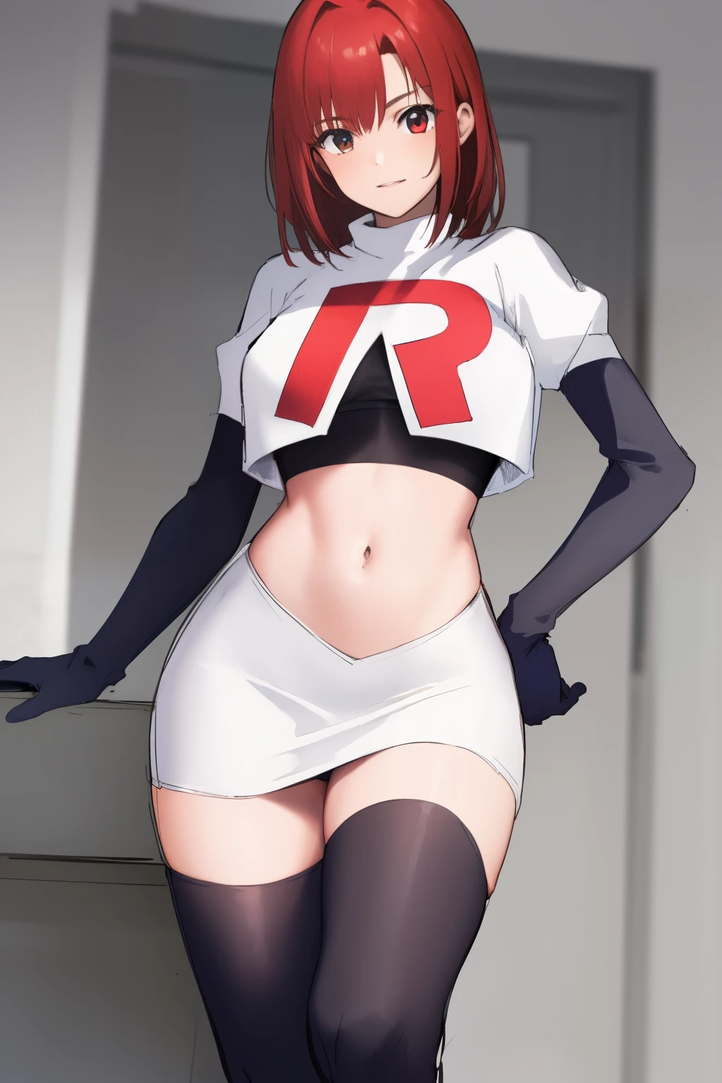 masterpiece, high-detail, sketch, reginaDC, regina, dino crisis, 1girl, female, athletic woman, young, team rocket,team rocket uniform, red letter R, white skirt,white crop top,black thigh-highs,black elbow gloves