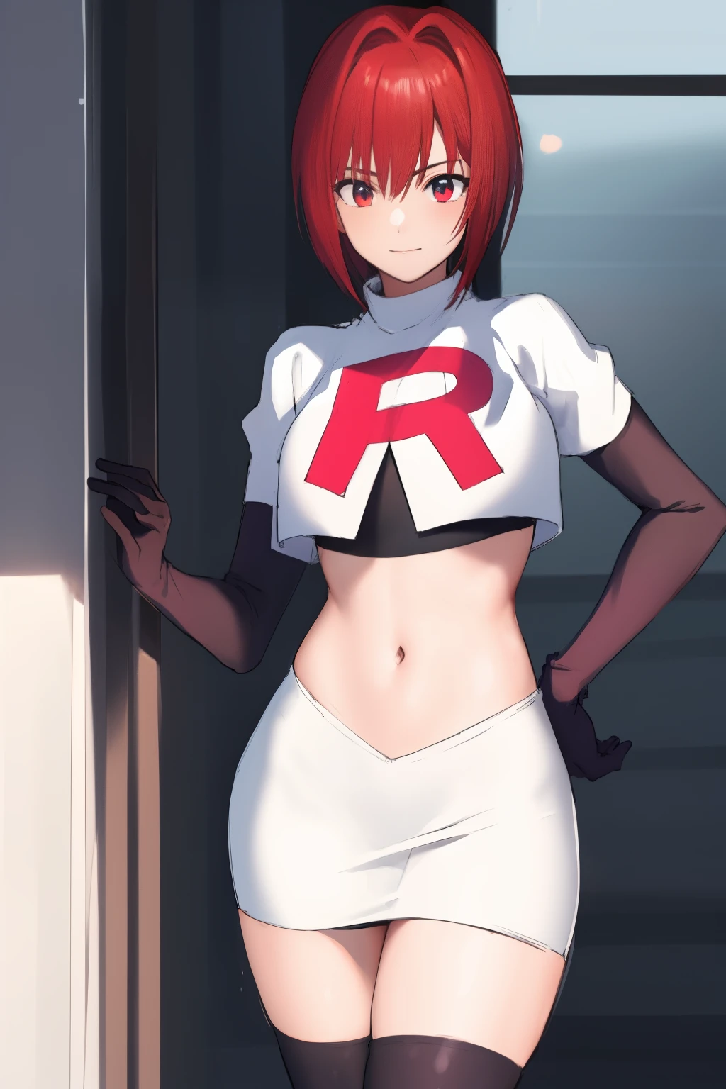 masterpiece, high-detail, sketch, reginaDC, regina, dino crisis, 1girl, female, athletic woman, young, team rocket,team rocket uniform, red letter R, white skirt,white crop top,black thigh-highs,black elbow gloves