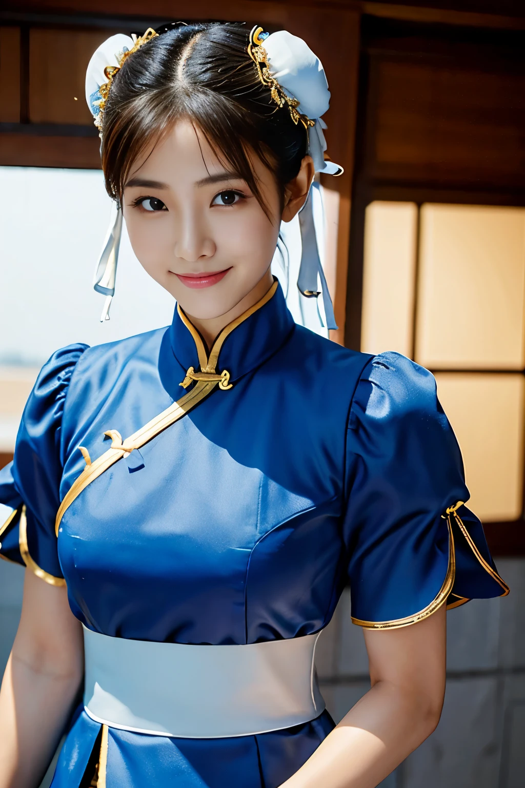 Chun-Li from Street Fight II,perfect chun li costume,Blue cheongsam with gold lines,Bun head,bun cover,fighting pose,masterpiece、1 beautiful girl、fine eyes、puffy eyes、highest quality, 超High resolution, (reality: 1.4), movie lighting、Japanese、asian beauty、Korean、super beautiful、beautiful skin、body facing forward、close up of face、(超reality的な)、(High resolution)、(8k)、(very detailed)、(美しくfine eyes)、(Super detailed)、 (wall-)、detailed face、bright lighting、professional lighting、looking at the viewer、look straight ahead、slanted bangs、Nogizaka Idol、korean idol、masterpiece, highest quality, masterpiece, highest quality, perfect face, perfect brown eyes with white sclera, bad move-5, alone, 1 girl, Upper body, brown hair, From SF2, Chinese service, smile, muscular woman, blue clothes, pantyhose, pelvic curtain, Puffy short sleeves, Good cover, sash, evaluation:safety