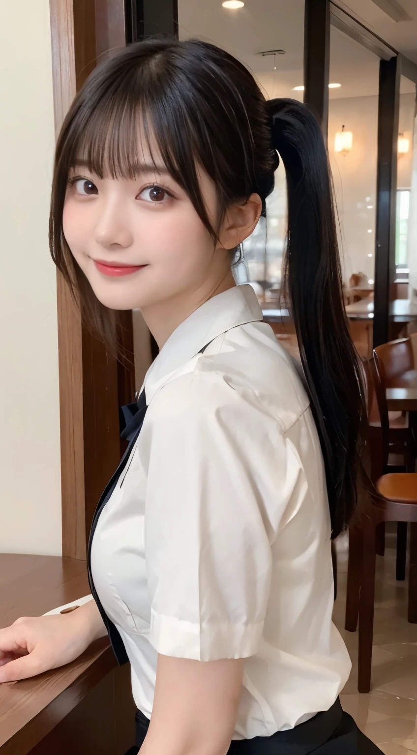 (highest quality,masterpiece:1.3,ultra high resolution,),(Super detailed,caustics),(Photoreal:1.4,RAW shooting,)ultra-realistic capture,very detailed,High resolution 16K human skin close-up。 natural skin texture、,The pores are、、、Must be detailed enough to be easily identified。 Skin should look even-toned and healthy。 Use natural light and color,restaurant,waitress uniform,1 girl,Japanese,18-year-old,cute,black haired,ponytail,big breasts,smile,turn your body forward,(Front view:1.1),look at the camera,cowboy shot,