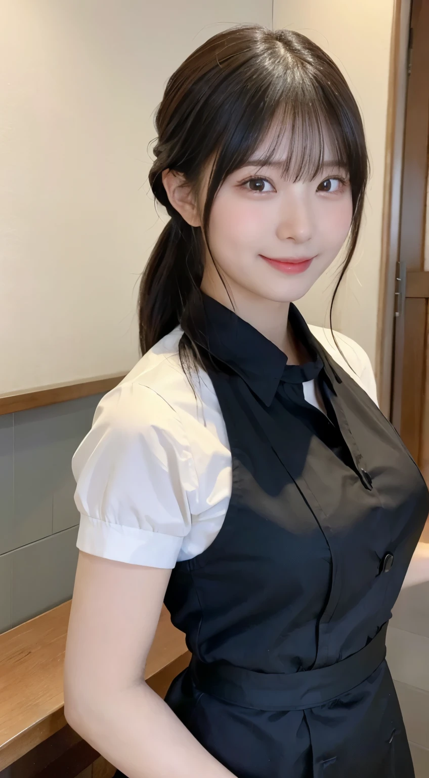 (highest quality,masterpiece:1.3,ultra high resolution,),(Super detailed,caustics),(Photoreal:1.4,RAW shooting,)ultra-realistic capture,very detailed,High resolution 16K human skin close-up。 natural skin texture、,The pores are、、、Must be detailed enough to be easily identified。 Skin should look even-toned and healthy。 Use natural light and color,restaurant,waitress uniform,1 girl,Japanese,18-year-old,cute,black haired,ponytail,big breasts,smile,turn your body forward,(Front view:1.1),look at the camera,cowboy shot,