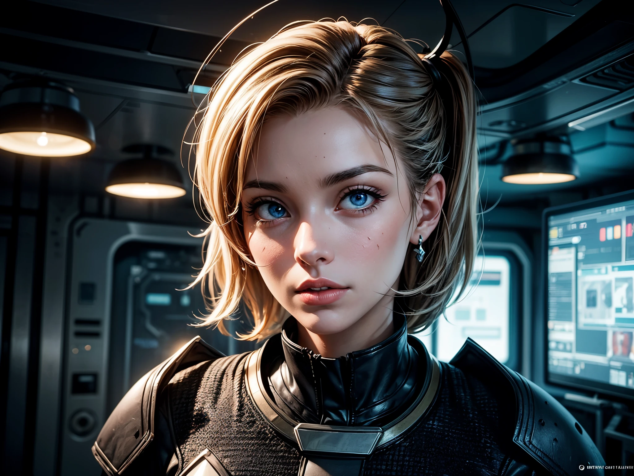 A detailed artwork of Captain Jean-Luc Picard from Star Trek and Seven of Nine encountering the Borg aboard the USS Enterprise. The scene showcases the realistic and photorealistic portrayal of their faces, emphasizing their beautiful detailed eyes, lips, and facial features. The artwork is created using a combination of illustration and 3D rendering techniques. The composition is set in a futuristic space environment, with the USS Enterprise as the backdrop. The lighting is professionally done, with studio lighting techniques adding depth and realism to the overall image. The colors are vivid and vibrant, enhancing the sci-fi feel of the artwork. The quality of the artwork is of the highest standard, ensuring a masterpiece that is suitable for high-resolution printing, whether it's in 4K, 8K, or any other high-res format. The attention to detail is extreme, with every element of the scene finely crafted and sharp in focus. The art style seamlessly combines the aesthetics of concept art and sci-fi photography. The overall color tone is futuristic, with a hint of blue and purple hues dominating the scene.