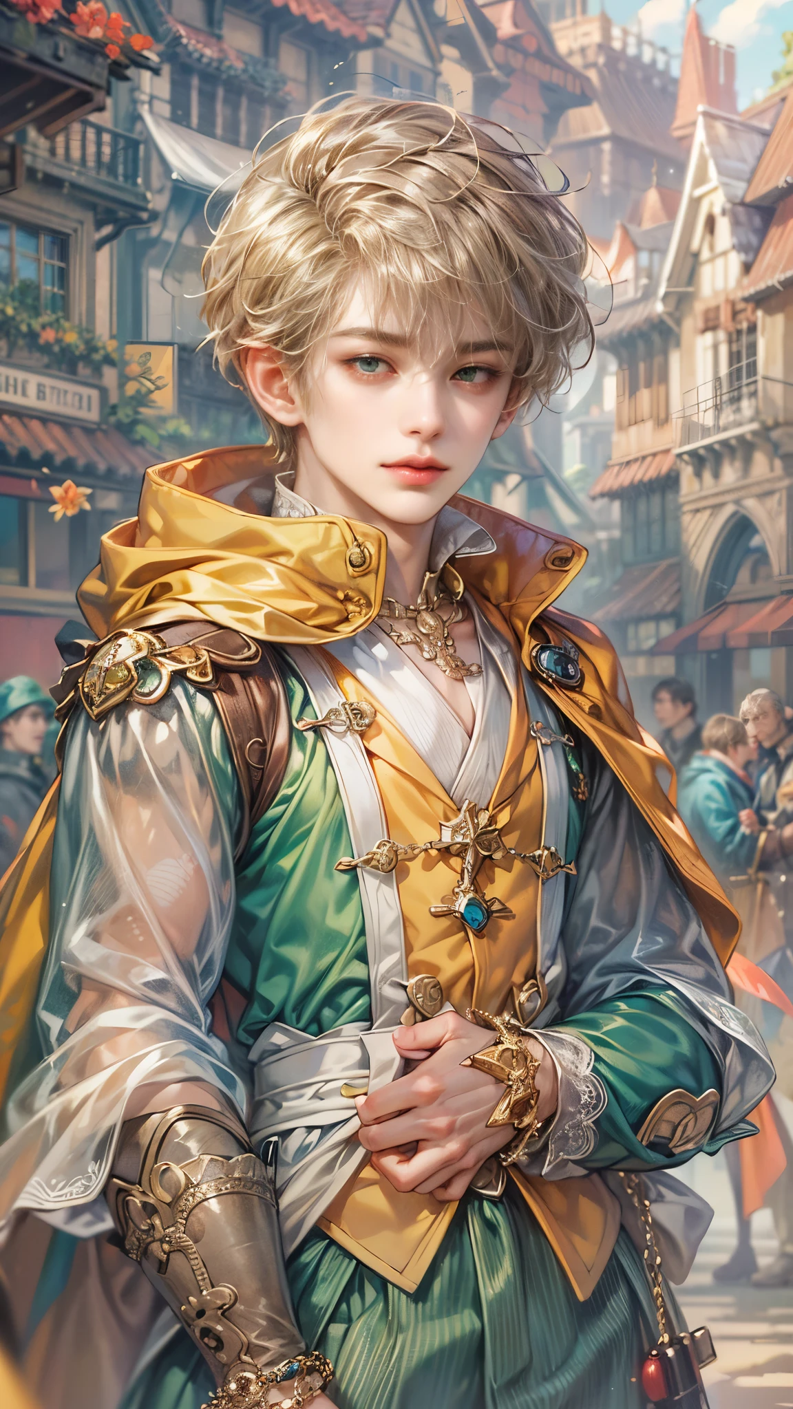 (absurdres, highres, ultra detailed, HDR), masterpiece, Intricate details,best quality picture of a character from Octopath Traveler, handsome teen boy with random Hair color between peach, apricot, periwinkle, cream, red, blue, green, orange, yellow, or purple, anime eyes, Hero Outfit showing Chest with cape in a random color, detailed town scenery, detailed character, art kenouji