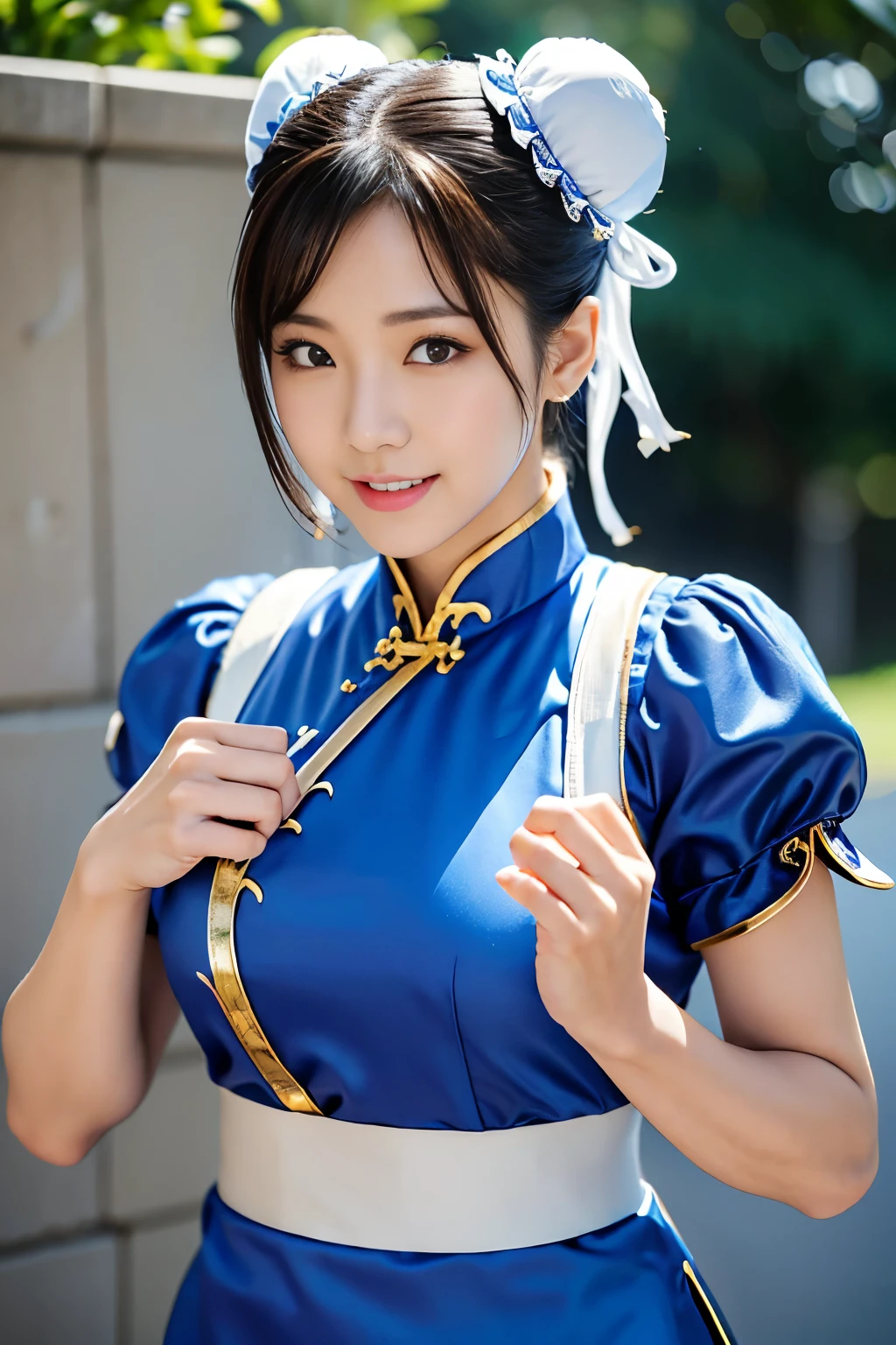 Chun-Li from Street Fight II,perfect chun li costume,Blue cheongsam with gold lines,Bun head,bun cover,fighting pose,masterpiece、1 beautiful girl、fine eyes、puffy eyes、highest quality, 超High resolution, (reality: 1.4), movie lighting、Japanese、asian beauty、Korean、super beautiful、beautiful skin、body facing forward、close up of face、(超reality的な)、(High resolution)、(8k)、(very detailed)、(美しくfine eyes)、(Super detailed)、 (wall-)、detailed face、bright lighting、professional lighting、looking at the viewer、look straight ahead、slanted bangs、Nogizaka Idol、korean idol、masterpiece, highest quality, masterpiece, highest quality, perfect face, perfect brown eyes with white sclera, bad move-5, alone, 1 girl, Upper body, brown hair, From SF2, Chinese service, smile, muscular woman, blue clothes, pantyhose, pelvic curtain, Puffy short sleeves, Good cover, sash, evaluation:safety