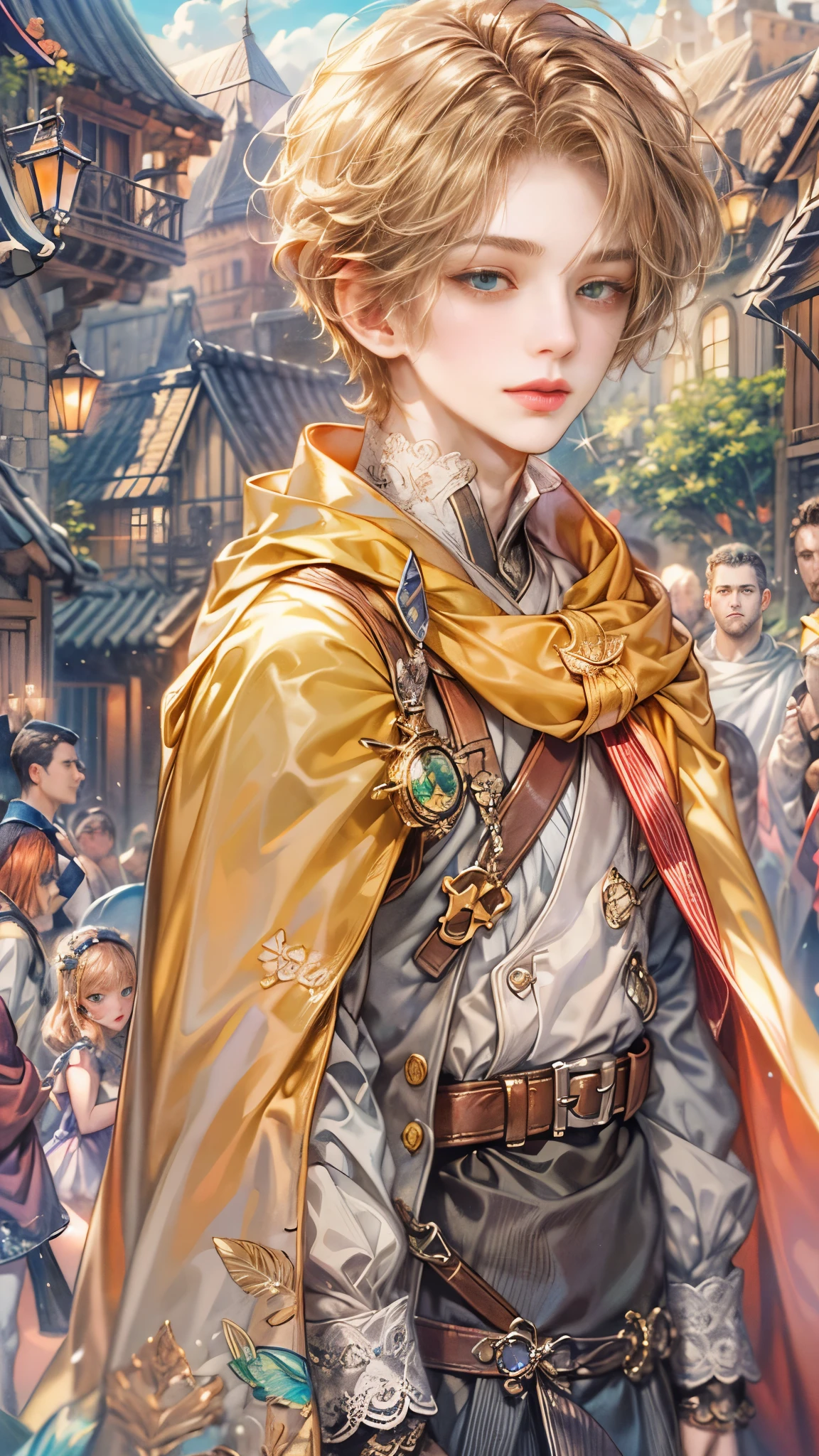 (absurdres, highres, ultra detailed, HDR), masterpiece, Intricate details,best quality picture of a character from Octopath Traveler, handsome boy with random Hair color between peach, apricot, periwinkle, cream, red, blue, green, orange, yellow, or purple, anime eyes, Hero Outfit showing Chest with cape in a random color, detailed town scenery, detailed character, art kenouji