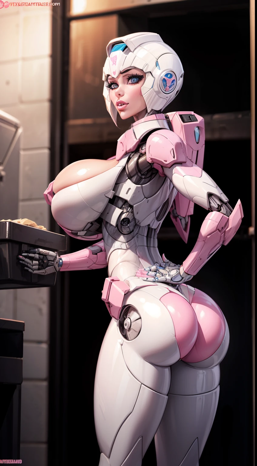 (Arcee), Arafed Mujer con un traje futurista posando para una foto, (detailed face), defined cheekbones, (puffy lips), (white sclera), en armadura futurista blanca, girl in mecha cyber armor, (helmet covers forehead), full lips, (pink and white color scheme), large shoulders, large ass, ((ass air bags)), (ass cleavage), Renderizado del motor irreal + una diosa, Armadura cyborg de porcelana, Armadura blanca brillante, (pink and white aesthetic), (gigantic breasts), slim waist, cybernetic abs, ((pink face)), cuerpo cyborg ginoide, (aletta ocean face), Hermosa y atractiva cyborg femenina, Diferentes cibertrajes, Hermosa cyborg hembra, Hermosa chica blanca cyborg, Con armadura futurista, Perfecto cyborg hembra