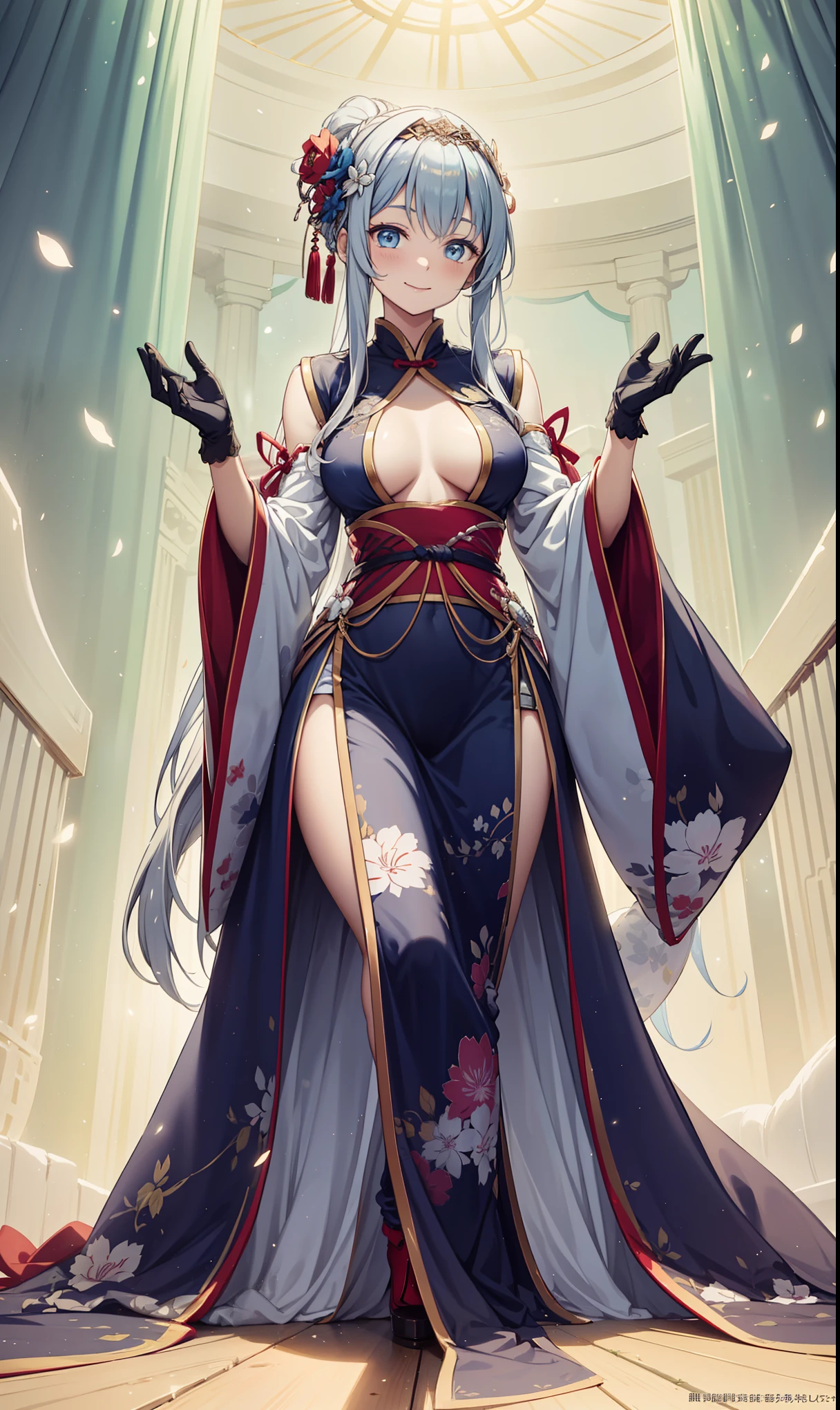 Virgin，Elegant and charming，Smile，in love，(Transparent colorful Hanfu，Sophisticated and gorgeous design)，black gloves，silver hair，blue eyes，see through transparent clothes，Exquisite hair accessories，Transparent lace，Engraving pattern，dress nicely，The background is an old Chinese palace，Inside the hall，elegant posture，night，carved boots，Super super details，Divine magic，light particles，Exquisite and beautiful face and eyes