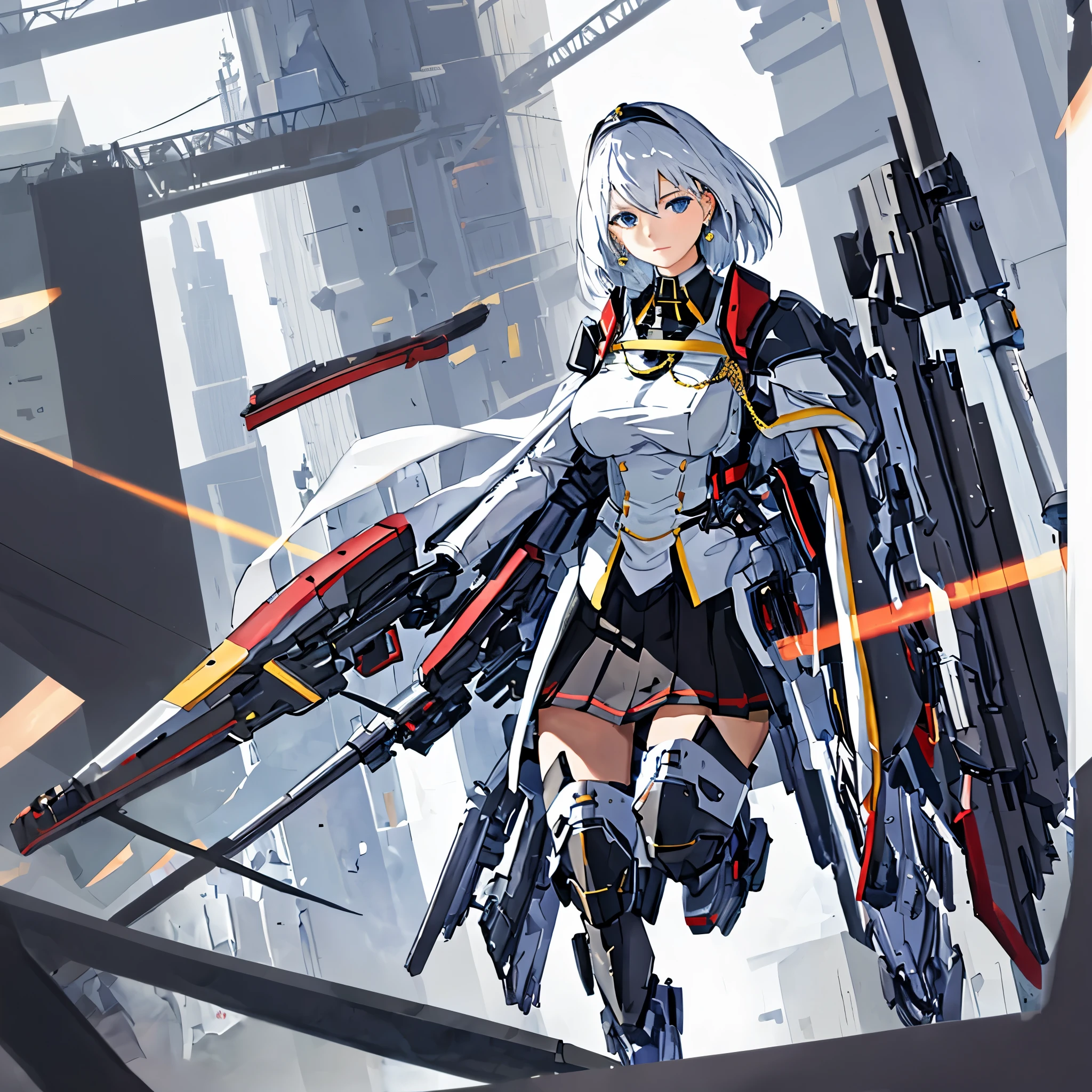 (masterpiece), best quality,{full body}, ((1 girl)), ((beauty detailed eye)),{mecha,huge_filesize}, {black business suit:1.40}, {tie:1.20}, {white gloves:1.15}, {white shirt:1.10}, {black skirt:1.15}, handsome, {tirpitz_azurlane:1.15}, blue_eyes, hair_between_eyes, short_hair, breasts, beautiful detailed face, pantyhose, mature, white_hair, large_breasts, robot girl, earrings, jewelry, cross, cross_earrings, bangs, dramatic angle, posing caustics