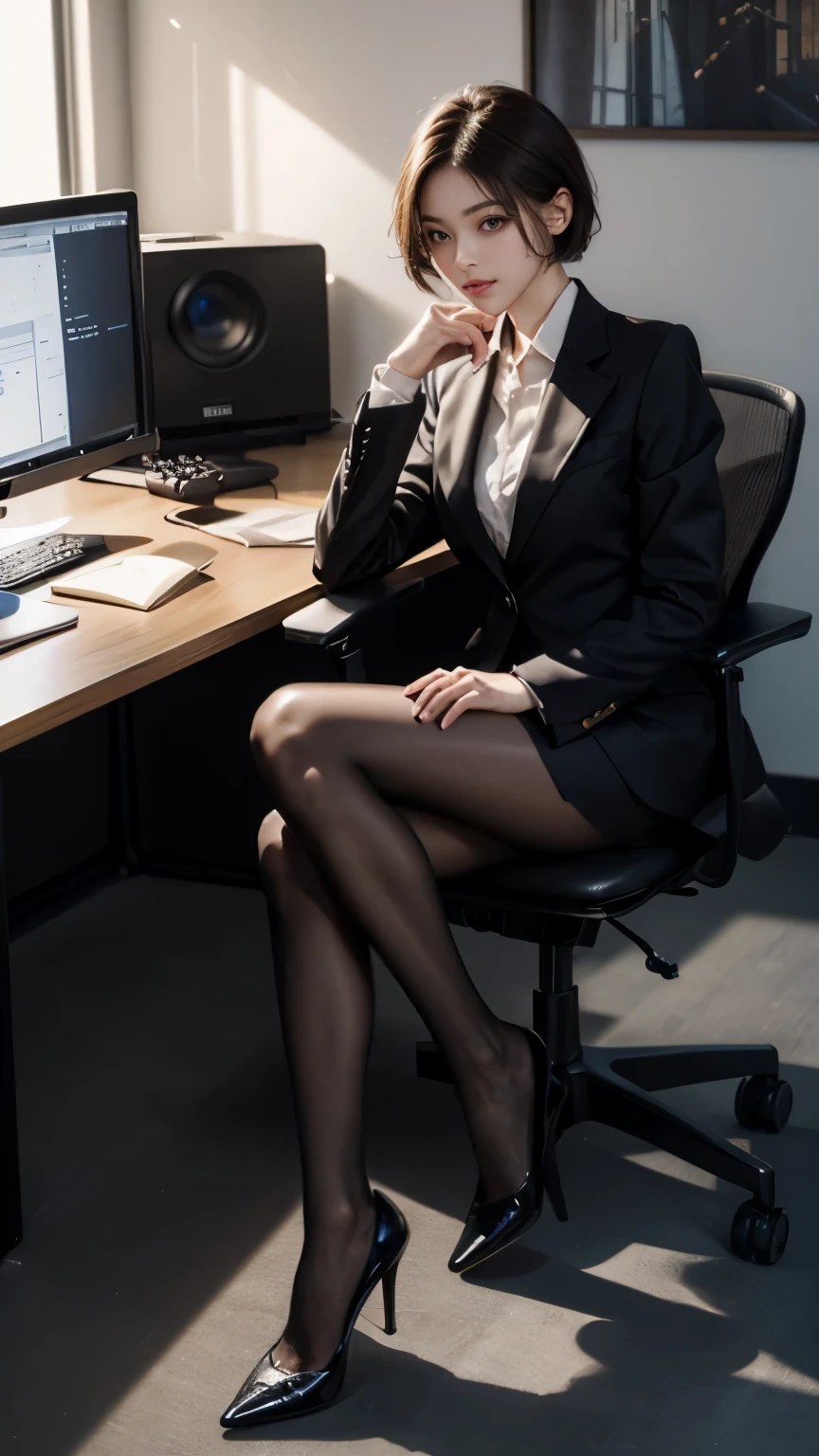 (masterpiece), ((highest quality)), (masterpiece,highest quality,official art,Highly detailed CG Unity 8k wallpaper), , beauty photo, woman，alone,Elegant upper class elite secretary wearing business shirt,perfect look，double eyelidの目，delicate makeup， work in the office,厳格なbusiness suitを着て, please wear pantyhose,wear high-end heels,girl wearing a shirt, wore a suit, huge tit,full body esbian,wore a suit, wore a suit, merchant, business clothes, wearing a black suit, wear a shirt and skirt, wore a suitwoman, business suit，Computer chair，sit down，Arlan&#39;s feet，high heels，view viewer，brightly，intricate details，foot focus,from below,cool beauty,tall girl,short hair,Accurately express details such as faces and skin textures,beautiful eyes, double eyelid,delicate skin,slender body shape,alone,big breasts,