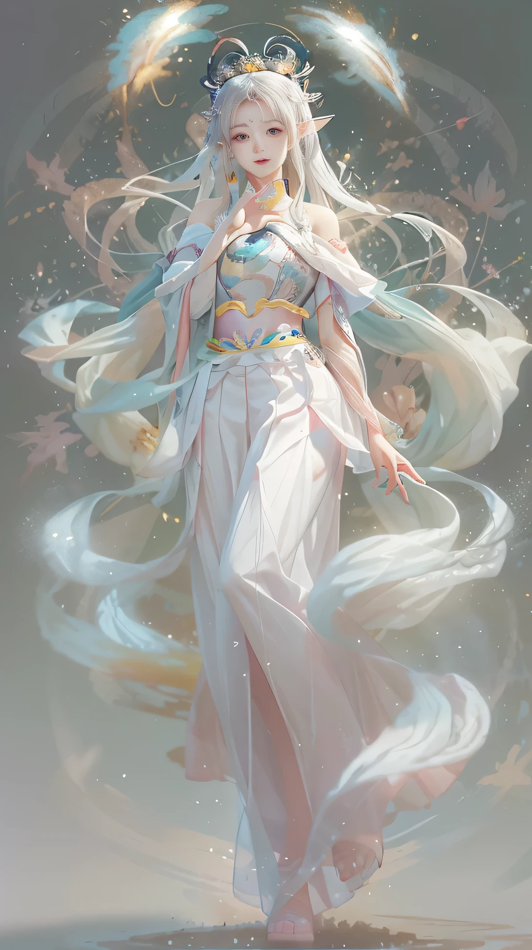 （masterpiece，top quality，optimal，official art，Beautiful and beautiful，long term exposure：1.2），smooth movement，charming pattern， 1 girl，（long skirt with sleeves：1.3），(((white色衣服)))，whole body特寫，No shoulders，Chinese girl，blush blush，white色罗布头发， sportswear，alone，whole body，gaze observer，Detailed background，Detailed face，(Crystal AI, crystal theme:1.1)，Amaterasu、Elemental sprites，whirlwind，control wind，white水晶衣，dynamic poses，particles floating，ethereal power，again and again，steam，whirlwind in background，white色調，again and again，ethereal atmosphere，white、plump breasts、a smile、清white的、Ripples under your feet