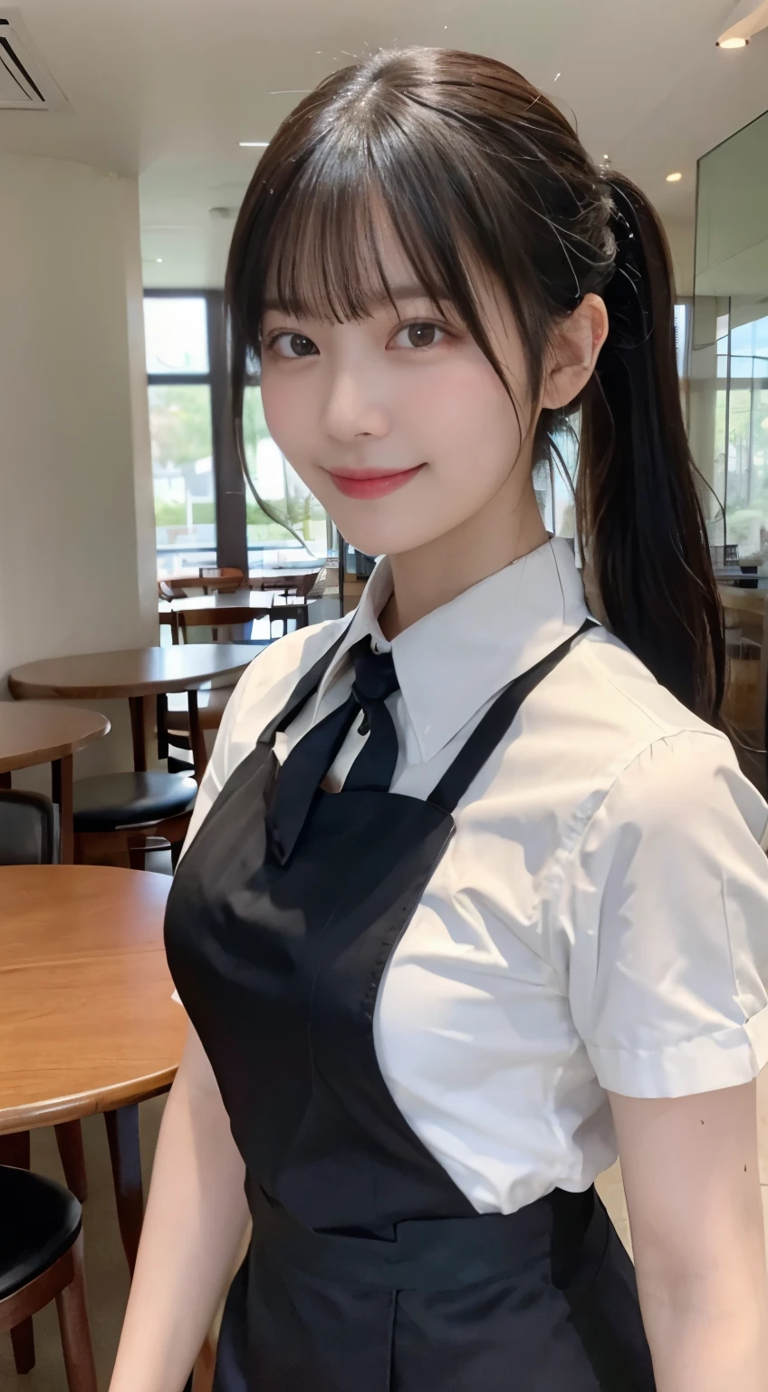 (highest quality,masterpiece:1.3,ultra high resolution,),(Super detailed,caustics),(Photoreal:1.4,RAW shooting,)ultra-realistic capture,very detailed,High resolution 16K human skin close-up。 natural skin texture、,The pores are、、、Must be detailed enough to be easily identified。 Skin should look even-toned and healthy。 Use natural light and color,restaurant,waitress uniform,1 girl,Japanese,18-year-old,cute,black haired,ponytail,big breasts,smile,turn your body forward,(Front view:1.1),look at the camera,cowboy shot,