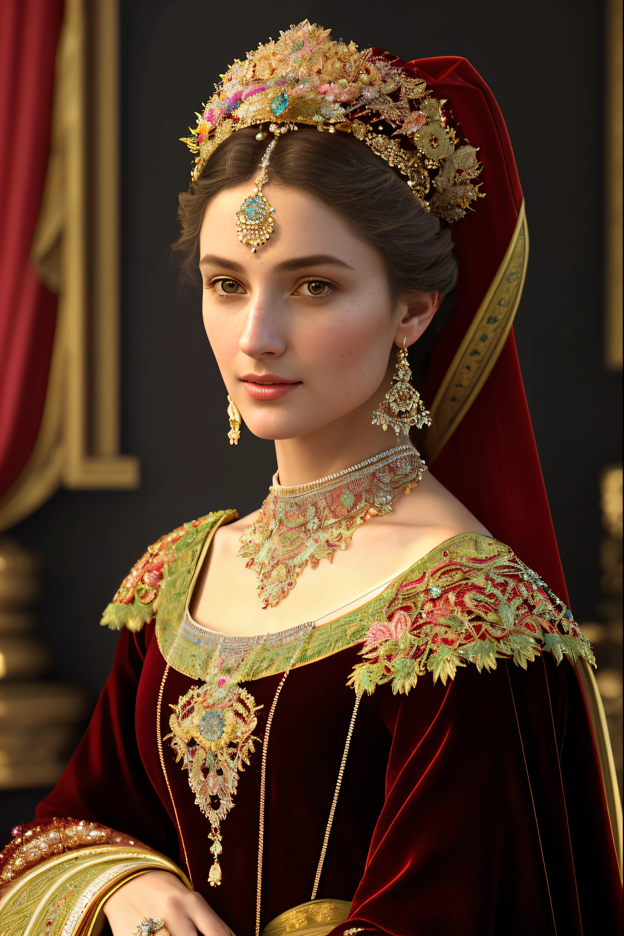 (best quality,4k,8k,highres,masterpiece:1.2),ultra-detailed,(realistic,photorealistic,photo-realistic:1.37),portrait,lady,magnificent outfit,gown,dress,hat,15th century renaissance style,hubert van eyck,5d,painting,detailed face,detailed eyes,cinematic 4d rendering,rich 3d rendering,rich background,colorful,soft lighting,vibrant colors,ornate,exquisite jewelry,ornaments,finely textured fabric,delicate lace,floral patterns,classical beauty,graceful demeanor,elaborate headpiece,feminine charm,subtle smile,serene expression,thoughtful gaze,regal posture,sophisticated,partially obscured background,impeccable details,impressive brushwork,period fashion,embroidered detailing.