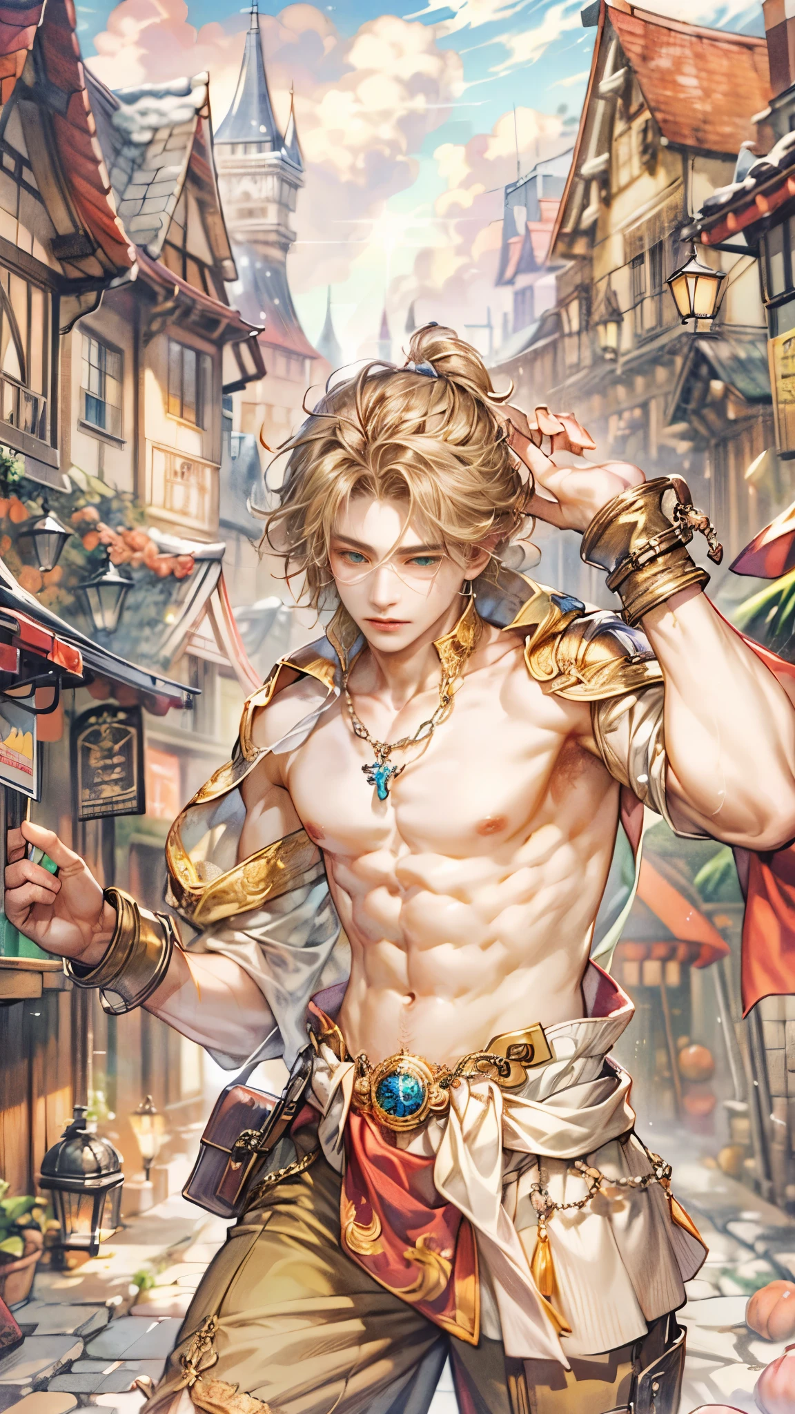 (absurdres, highres, ultra detailed, HDR), masterpiece, Intricate details,best quality picture of a character from Octopath Traveler, handsome teen boy with random Hair color between peach, apricot, periwinkle, cream, red, blue, green, orange, yellow, or purple, anime eyes, topless Outfit showing Chest with cape in a random color, detailed town scenery, detailed character, art kenouji