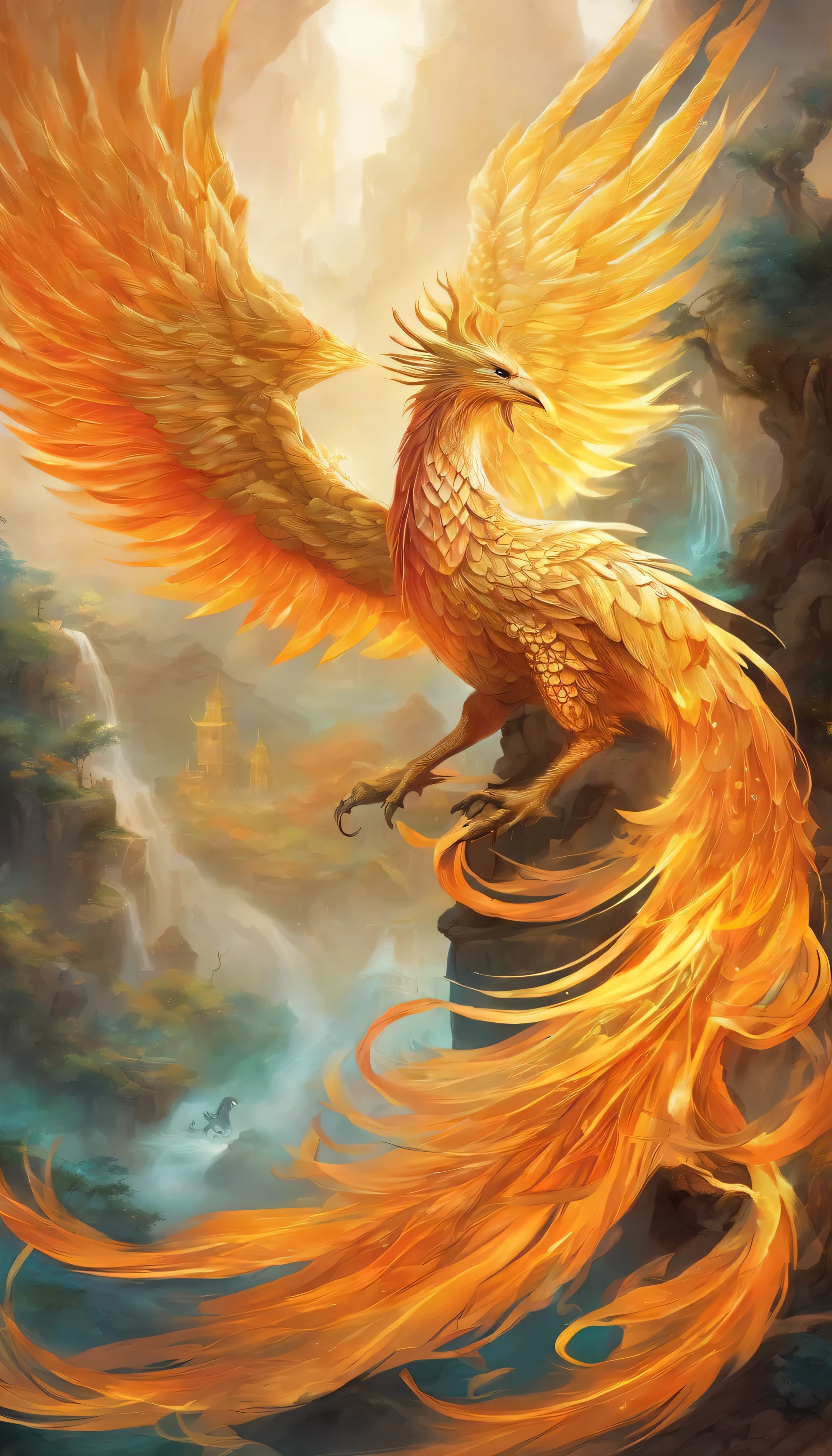 mythical creatures，（（Fiery phoenix in Chinese mythology）），traditional chinese elements，Ancient murals，Mythological explanation，Legend of Fuyo，speckled lights，hazy haze，mysterious aura，masterpiece，khd，Rich in color，Detailed details，Money, Moneyの太陽, 8k, Moneyの背景