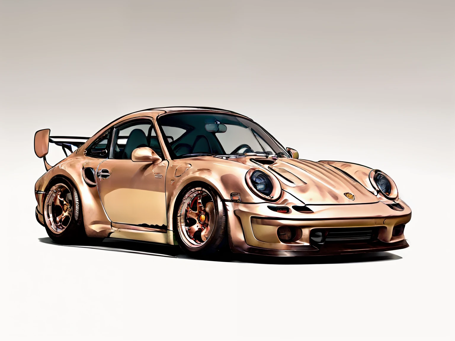 nvinkpunk, painting of a city with a  metallic brown colored Porsche 911 rwb rotting,wide bodykit, large wheels, high quality
