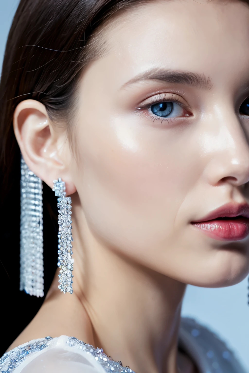 (masterpiece, best quality), intricate details, realistic, photorealistic, a close up of a woman wearing earrings, inspired by Emma Andijewska, draped in crystals, silver color, long earrings, sandra chevier, huge earrings, 2019, blue-eyed, platinum jewellery, earring, flawless structure, silver earring,  