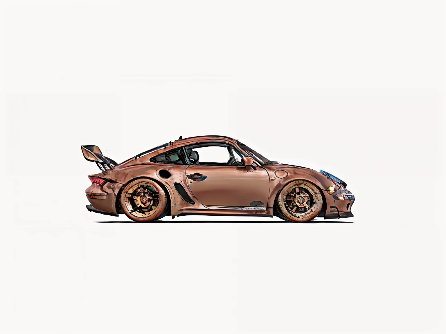 nvinkpunk, painting of a city with a metallic brown colored Porsche 911 rwb rotting,wide bodykit, large wheels, high quality