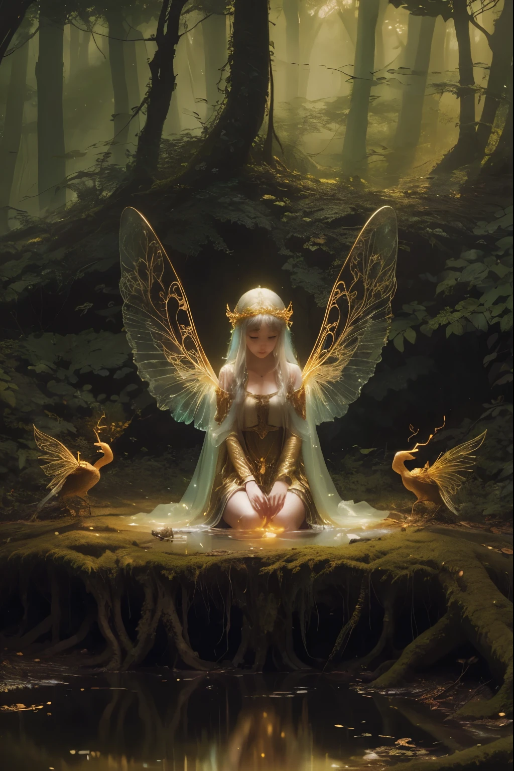 "((Enchanting)) forest scene, ethereal girl with ((translucent wings)), bubbling creek, magical, surreal, golden hour, ((dreamlike)) atmosphere, vibrant colors, fantasy painting",priestess,nodf_lora,More Detail