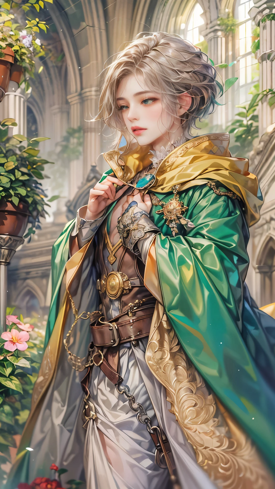 (absurdres, highres, ultra detailed, HDR), masterpiece, Intricate details,best quality picture of a character from Octopath Traveler, handsome teen boy with random Hair color between peach, apricot, periwinkle, cream, red, blue, green, orange, yellow, or purple, anime eyes, Hero Outfit showing Chest with cape in a random color, detailed outside garden cathedral scenery, detailed character, art kenouji