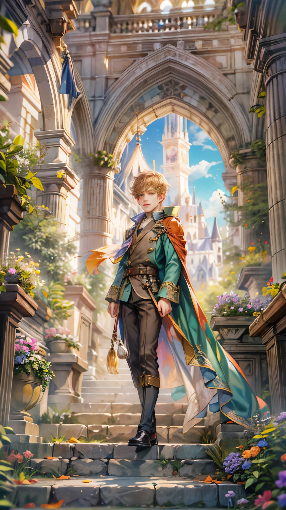 (absurdres, highres, ultra detailed, HDR), masterpiece, Intricate details,best quality picture of a character from Octopath Traveler, handsome boy with random Hair color between peach, apricot, periwinkle, cream, red, blue, green, orange, yellow, or purple, anime eyes, Hero Outfit showing Chest with cape in a random color, detailed outside garden cathedral scenery, detailed character, art kenouji