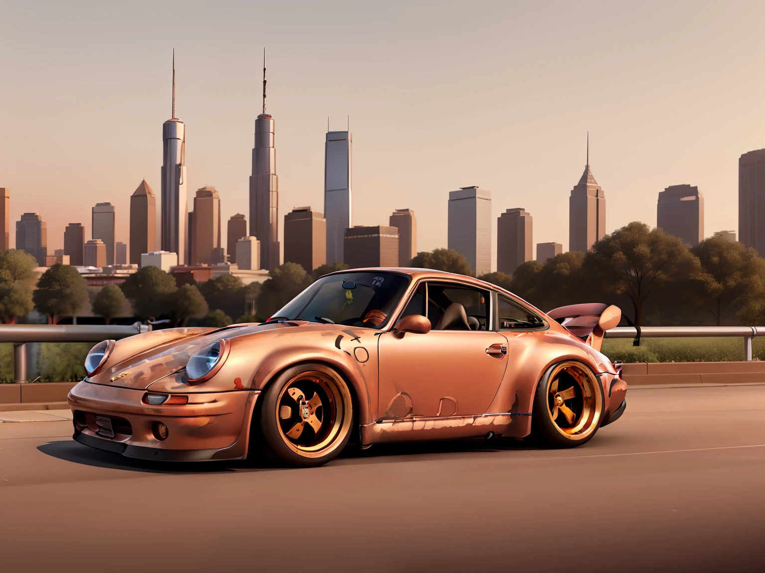 nvinkpunk, painting of a city with a  metallic brown colored Porsche 911 rwb rotting,wide bodykit, large wheels, high quality